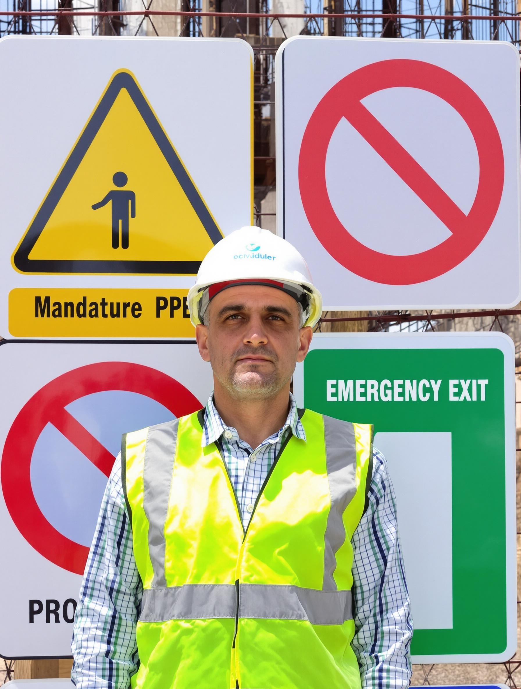 Ouvrier vigilant devant signalétique chantier pictogrammes danger EPI interdiction évacuation