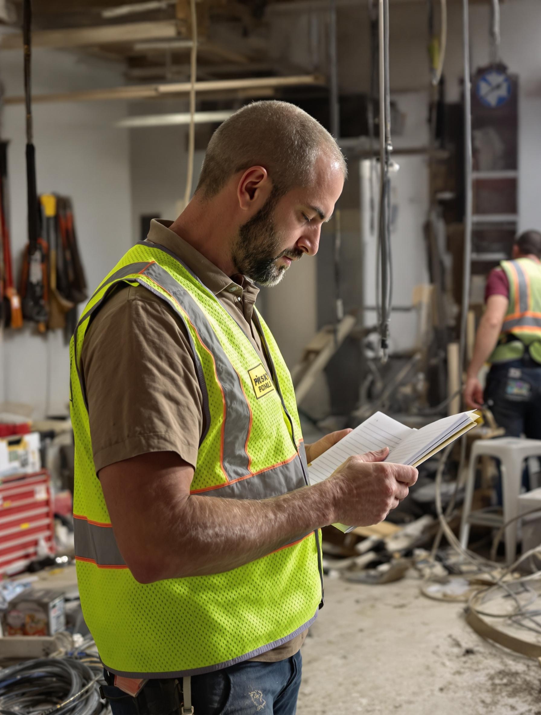 Ouvrier sur un chantier BTP avec un carnet pour la chasse aux risques