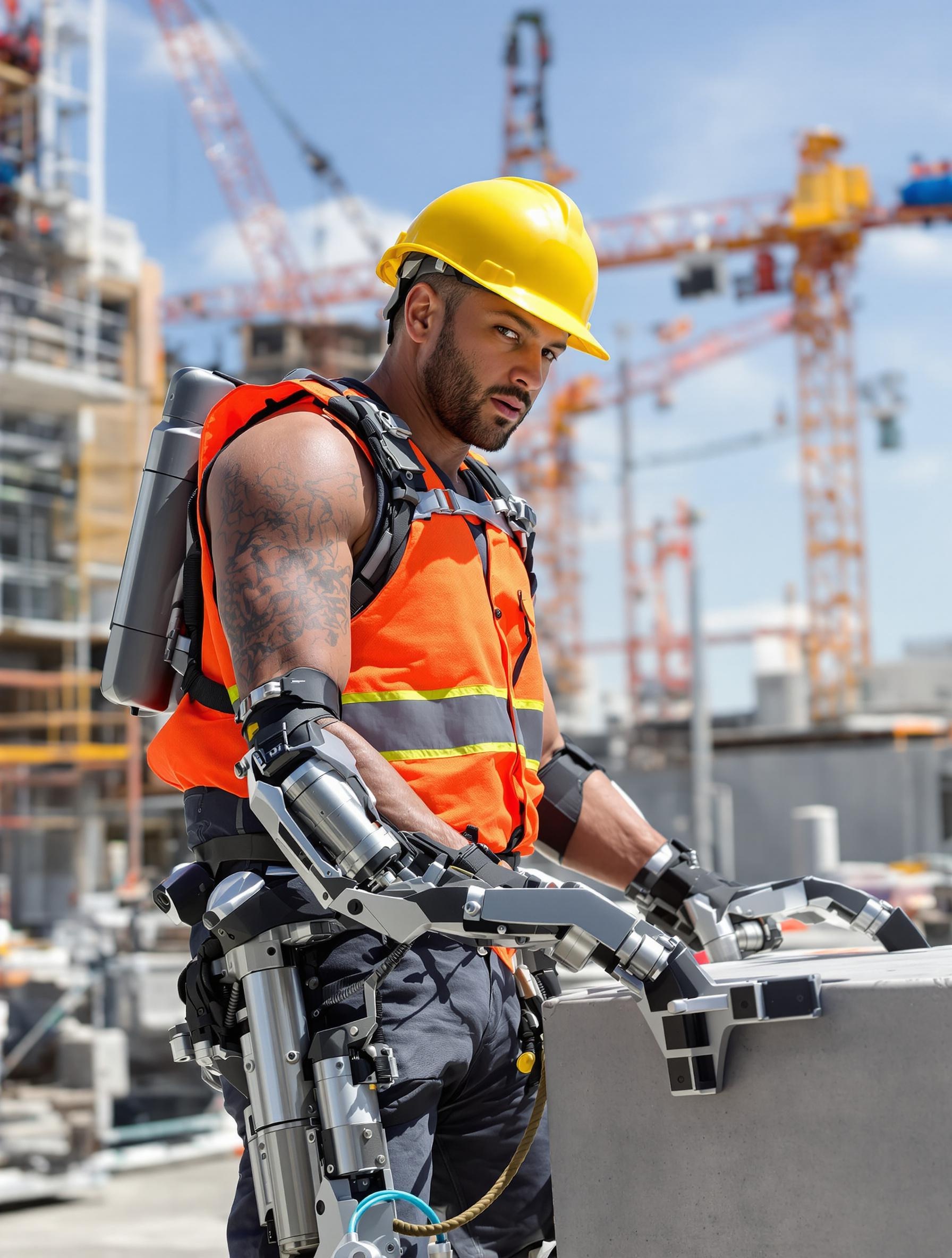 Un ouvrier BTP utilisant un exosquelette ergonomique pour porter une charge lourde