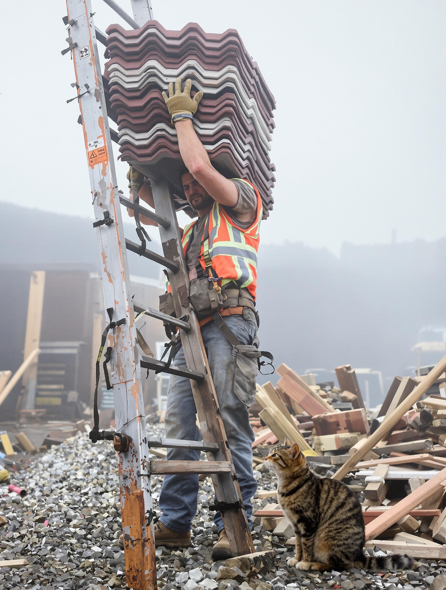 Un ouvrier fatigué portant des tuiles sous le regard d’un chat moqueur sur un chantier.