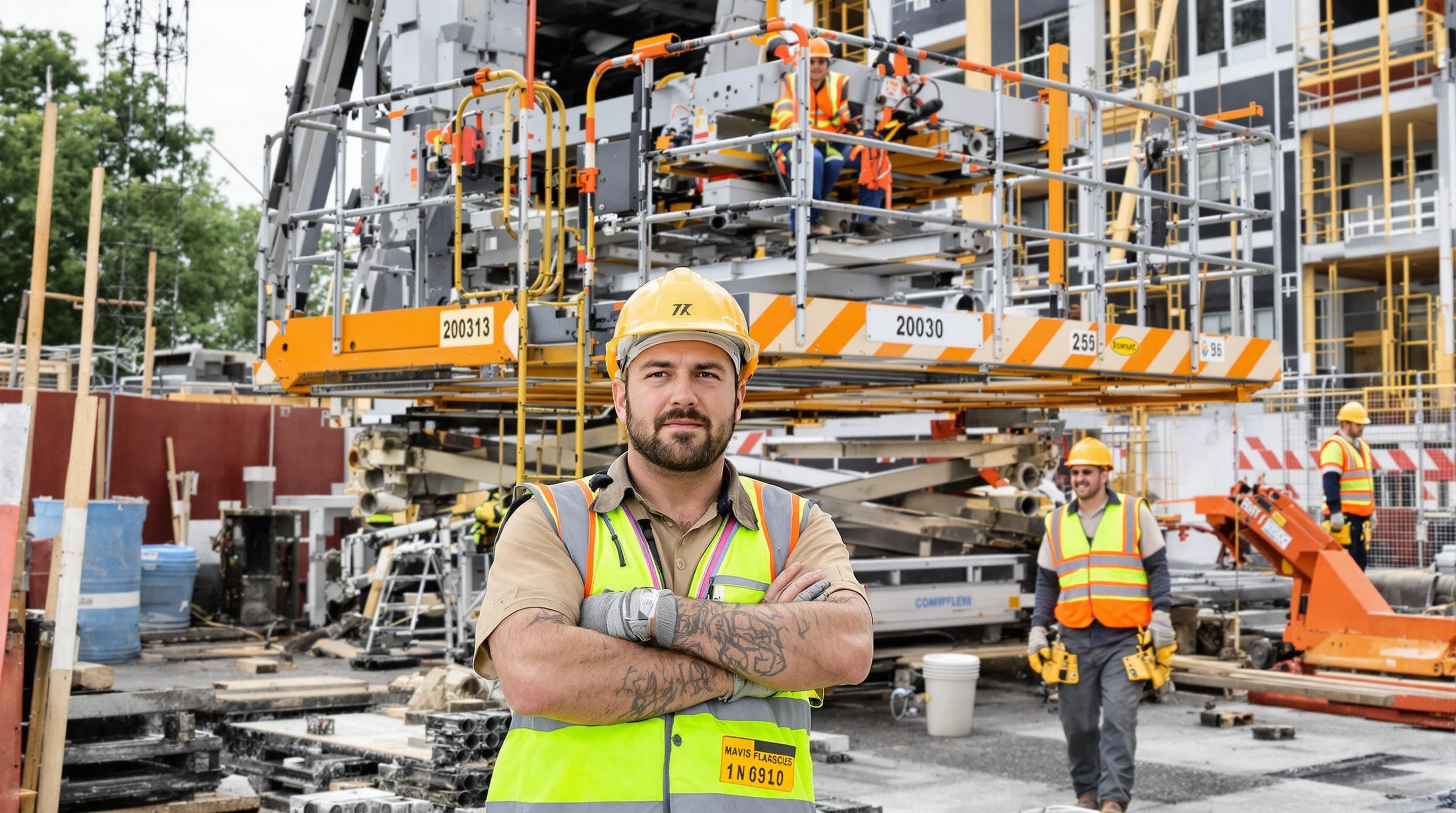 Ouvrier dépité devant une mauvaise plateforme, ambiance chantier et autodérision.