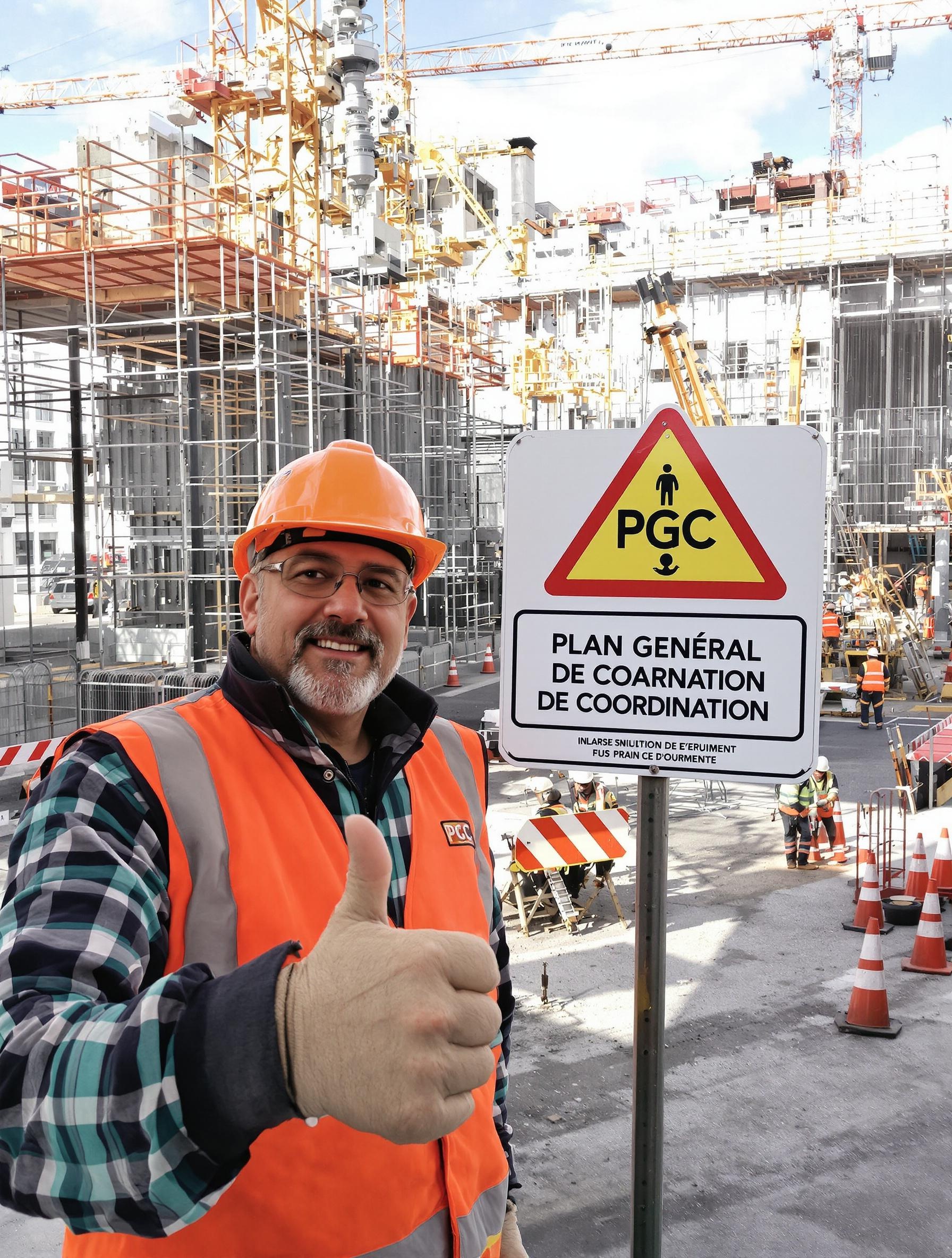 Ouvrier satisfait devant un panneau PGC sur un chantier