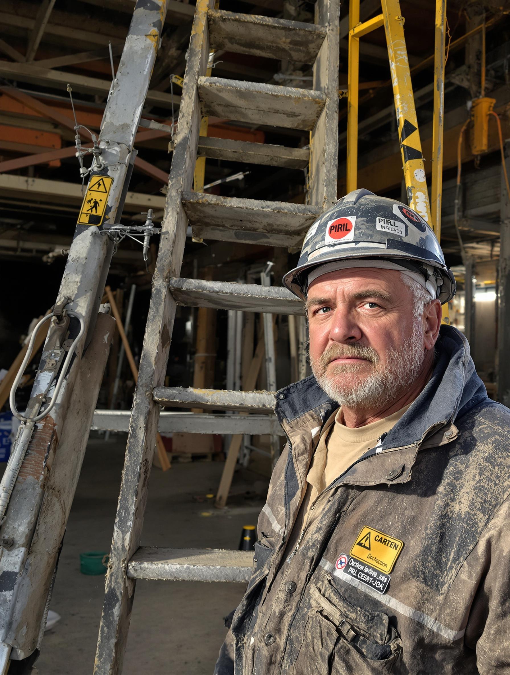 Ouvrier râleur devant une PIRL défoncée, ambiance chantier galère.