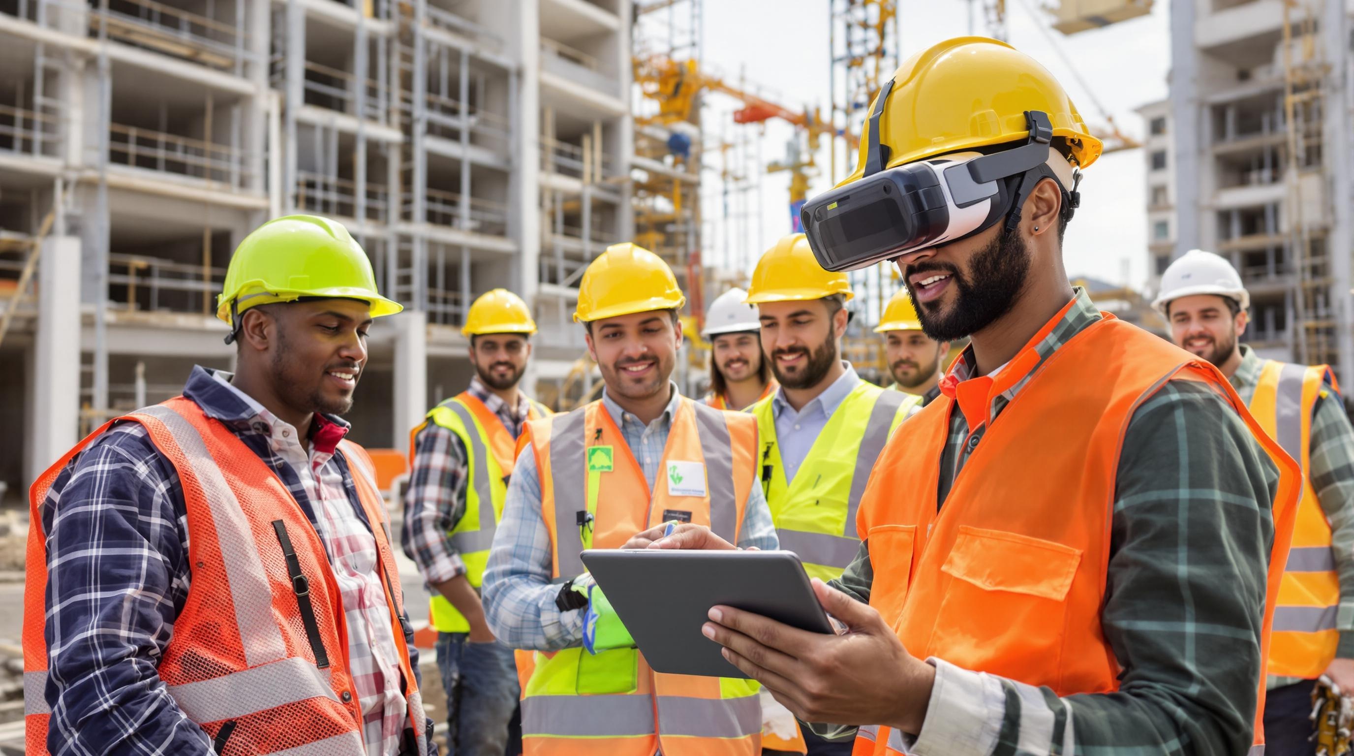 Ouvriers sur un chantier BTP utilisant une tablette ou un casque VR pour une activité de sécurité