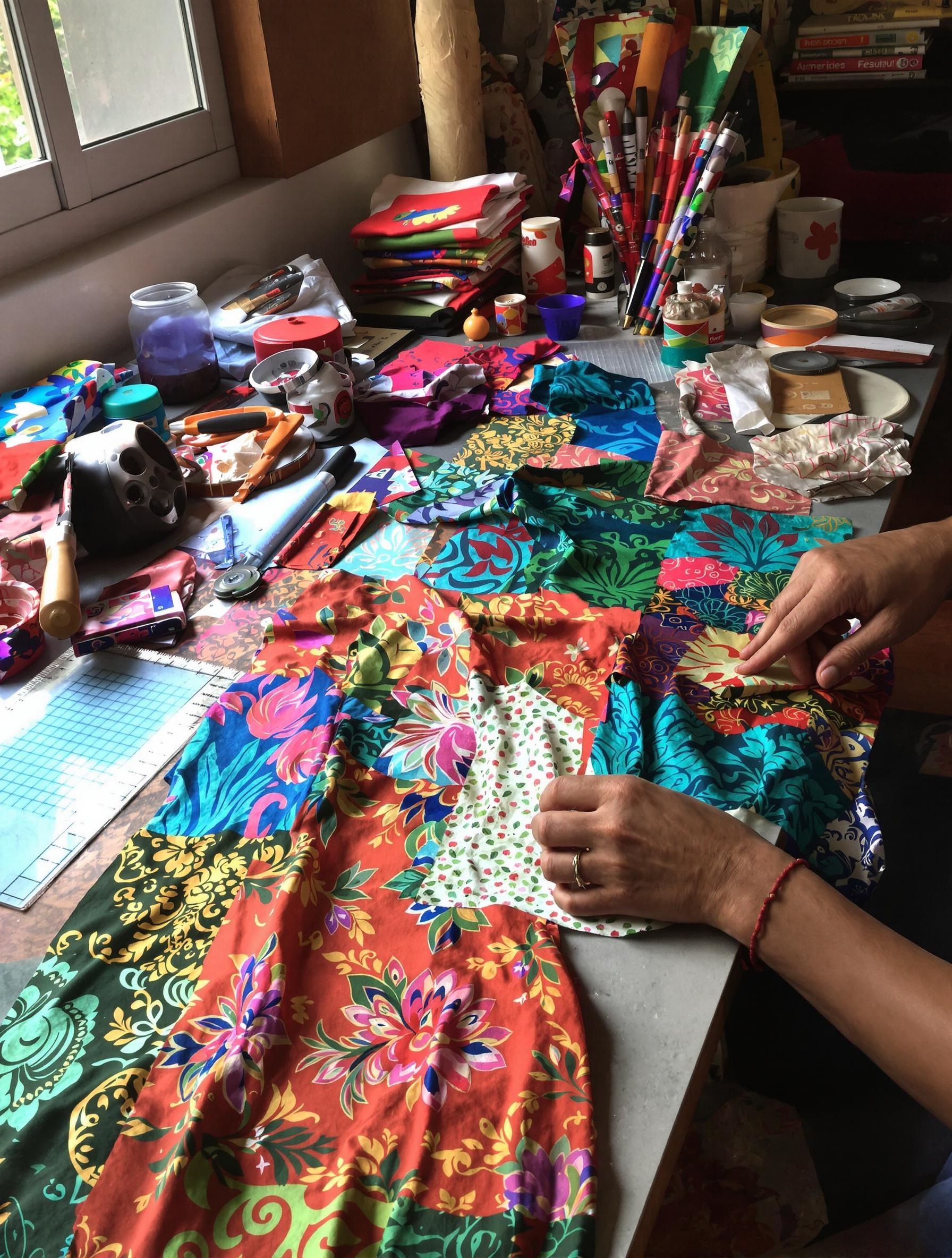 Atelier patchwork avec batik Bali : outils, couleurs vibrantes et ambiance créative