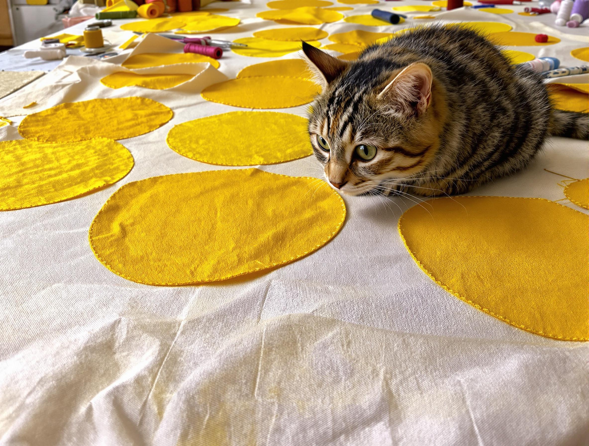 Patchwork en cours d'assemblage avec des cercles jaunes, coutures visibles et invisibles, chat tigré observant.