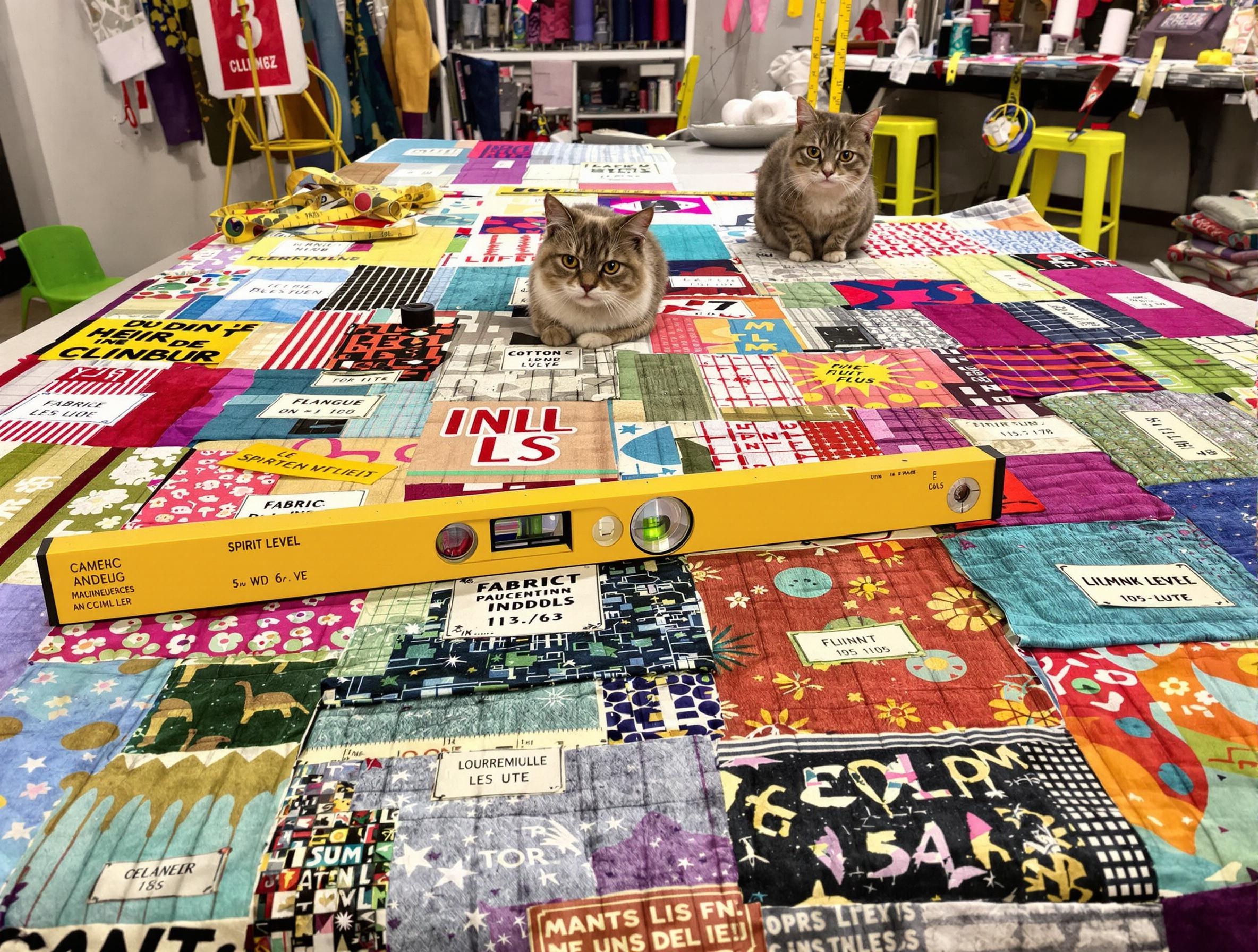 Patchwork coloré en coton, grammage étiquette, niveau à bulle et chat critique