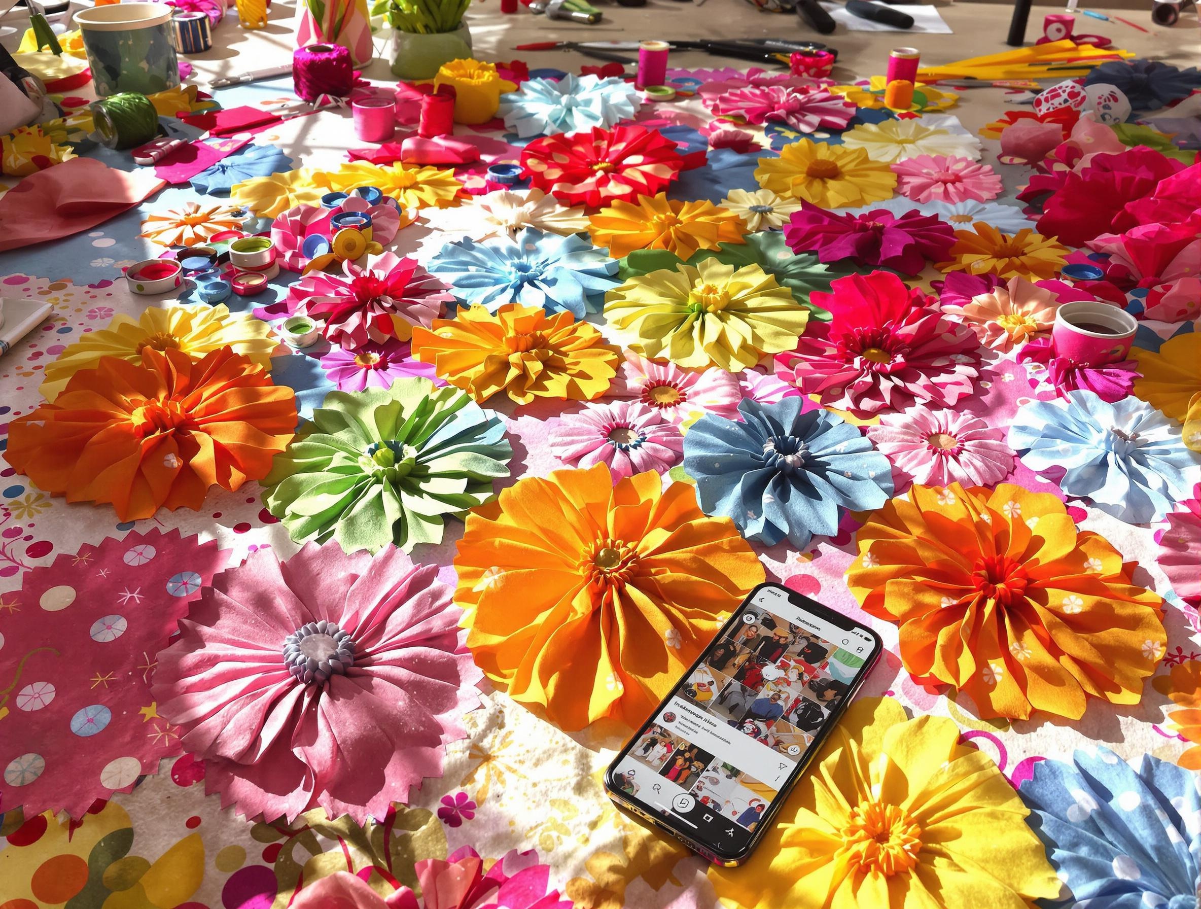 Patchwork floral imparfait, fleurs colorées aux contours hésitants, quelques yoyos ratés mis en valeur, ambiance atelier textile, lumière naturelle, smartphone posé avec appli Instagram ouverte