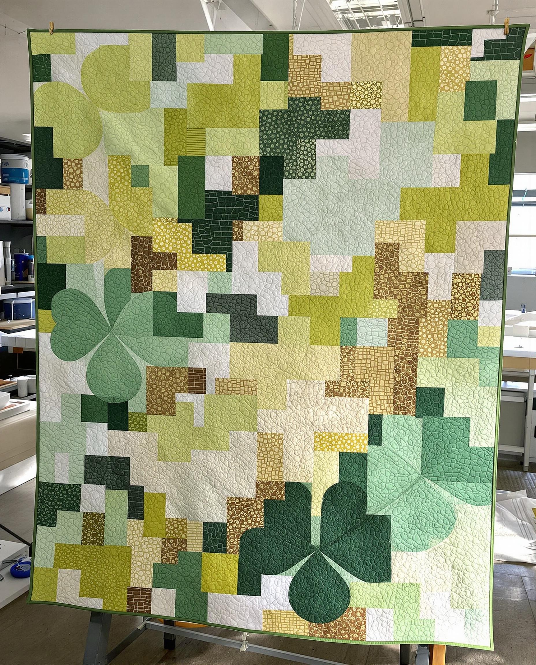 Patchwork alternant blocs Lucky Clover et Irish Chain, tissu vert crème or