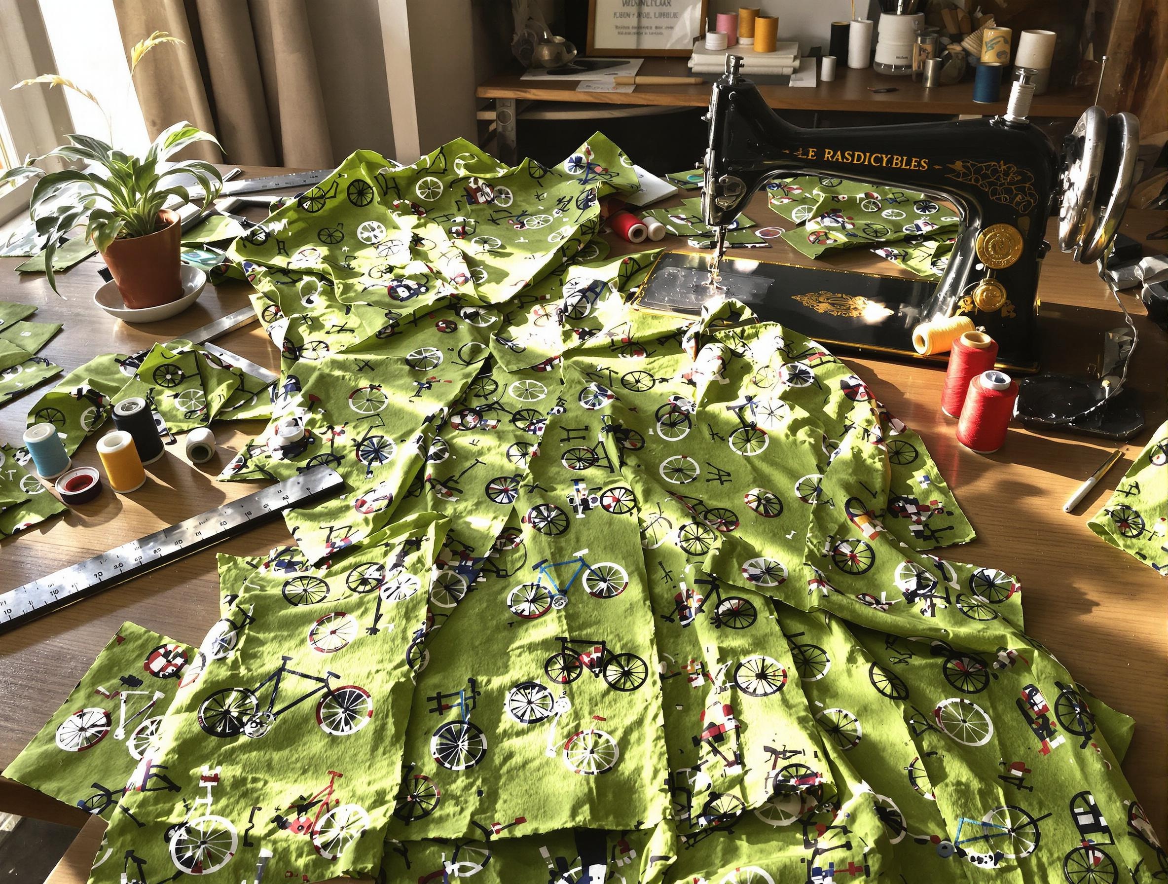 Patchwork vélo vert DIY en cours d'assemblage dans un atelier.
