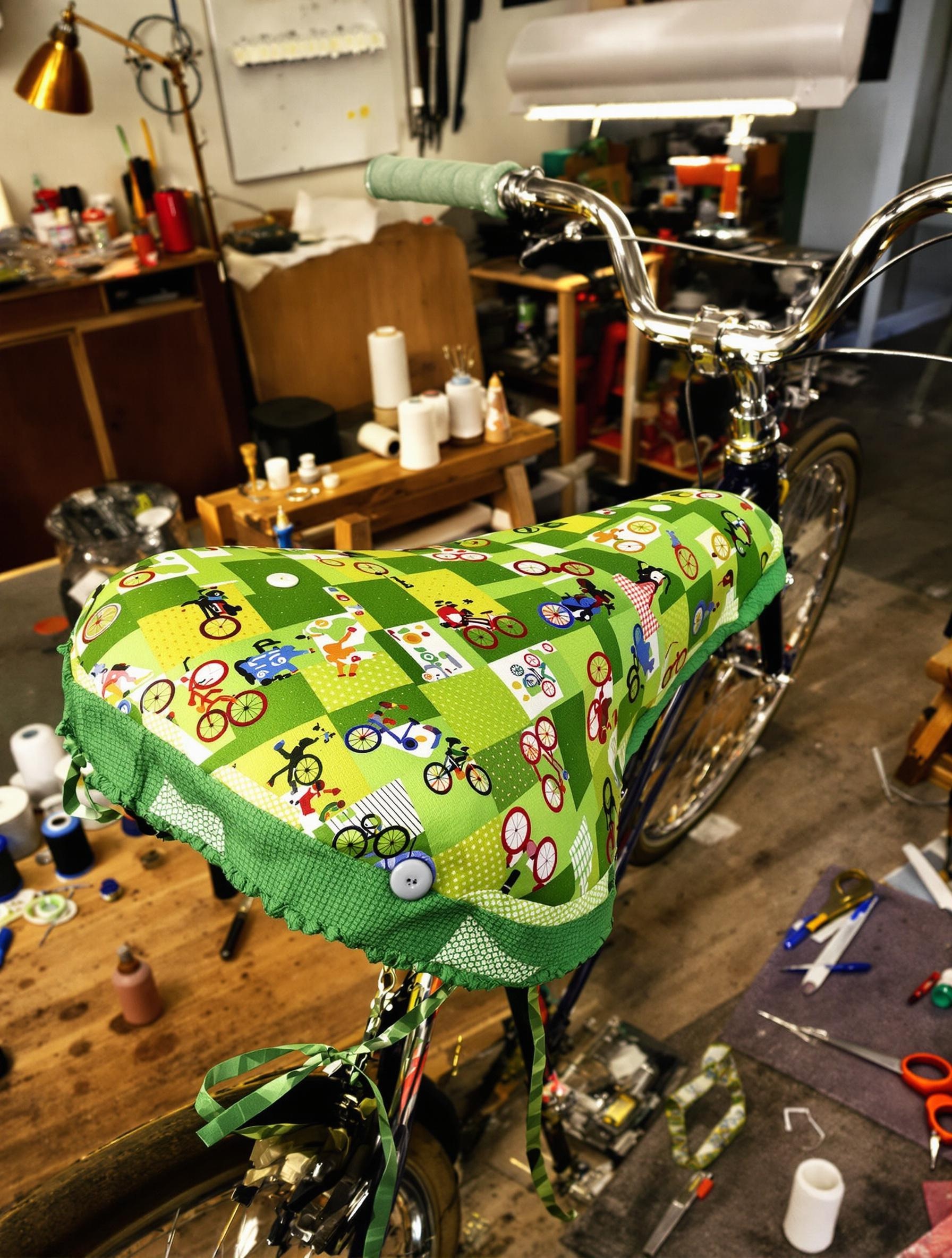 Housse de selle patchwork vert avec coulisse élastiquée.