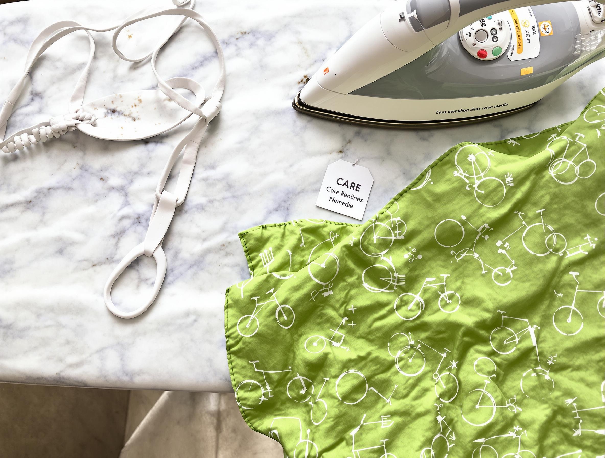 Entretien d'un patchwork vélo vert : lavage, séchage et repassage avec étiquette d'instructions.