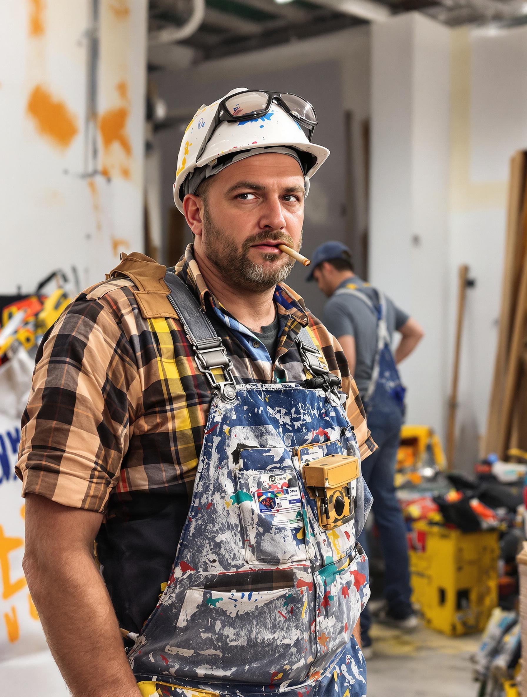Peintre sur un chantier portant des lunettes et un casque, avec un pied accidenté