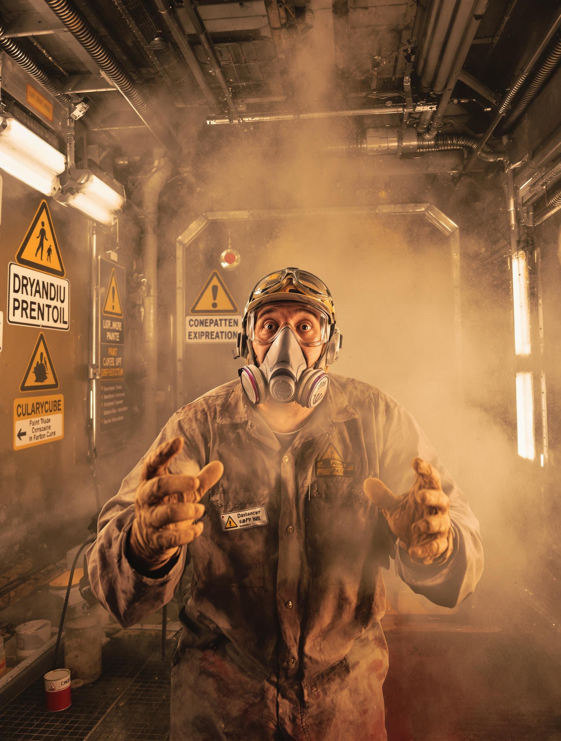 Peintre choqué dans une cabine, brouillard, signalisation sécurité, ambiance industrielle