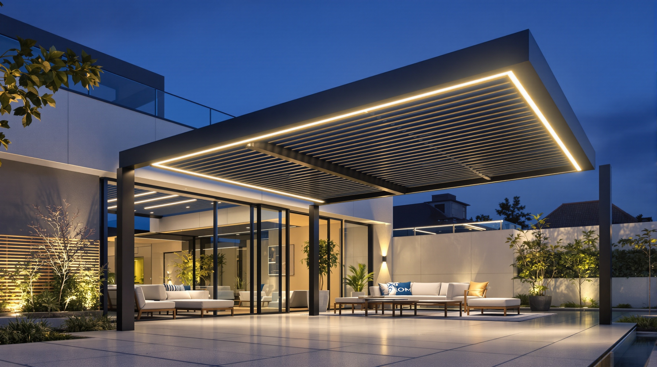 Une pergola bioclimatique en aluminium gris anthracite installée sur une terrasse moderne. On voit l'éclairage LED intégré allumé, créant une ambiance chaleureuse pour une soirée en extérieur.