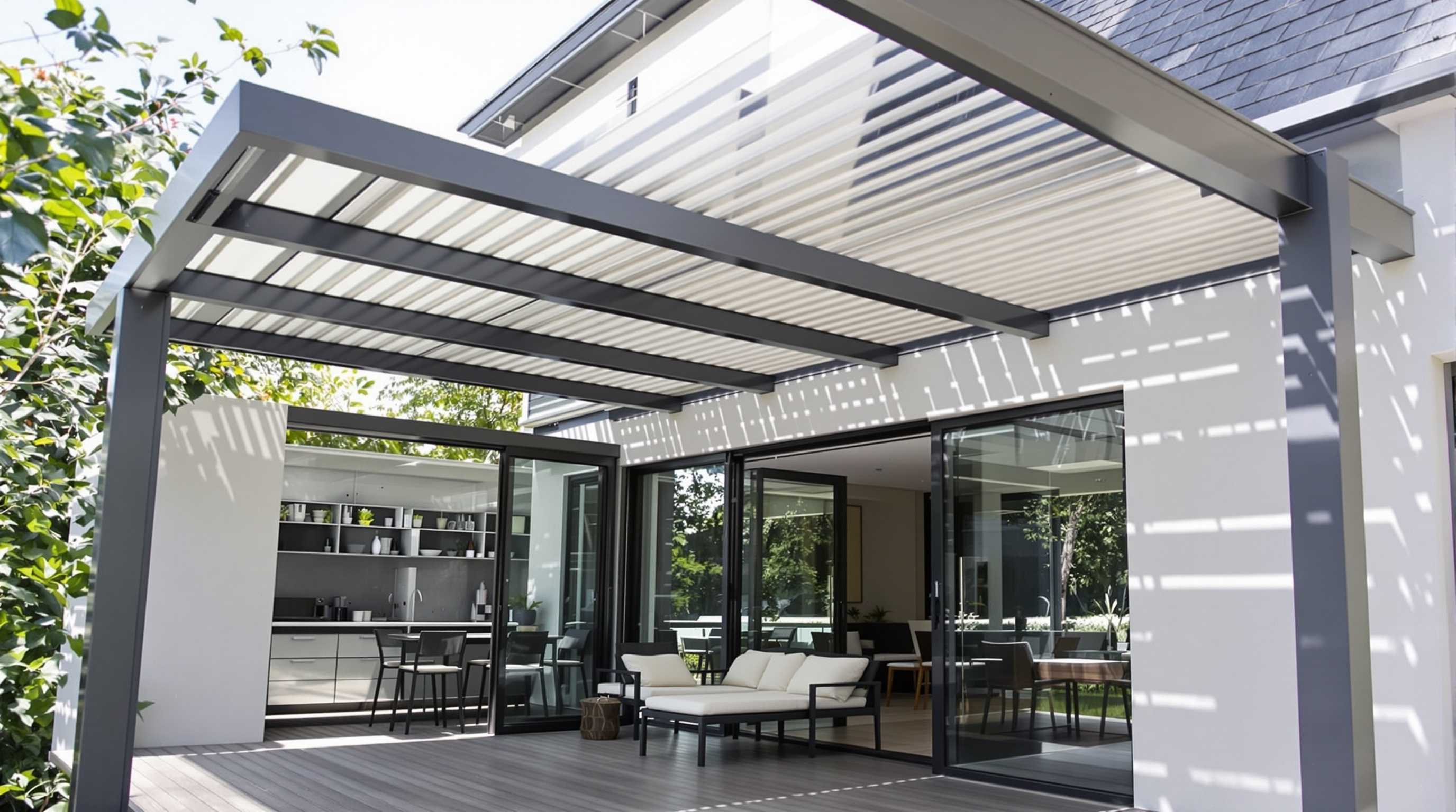 Pergola bioclimatique en aluminium gris anthracite adossée à une maison moderne, lames légèrement ouvertes sur terrasse bois et salon de jardin design. Qualité et intégration.
