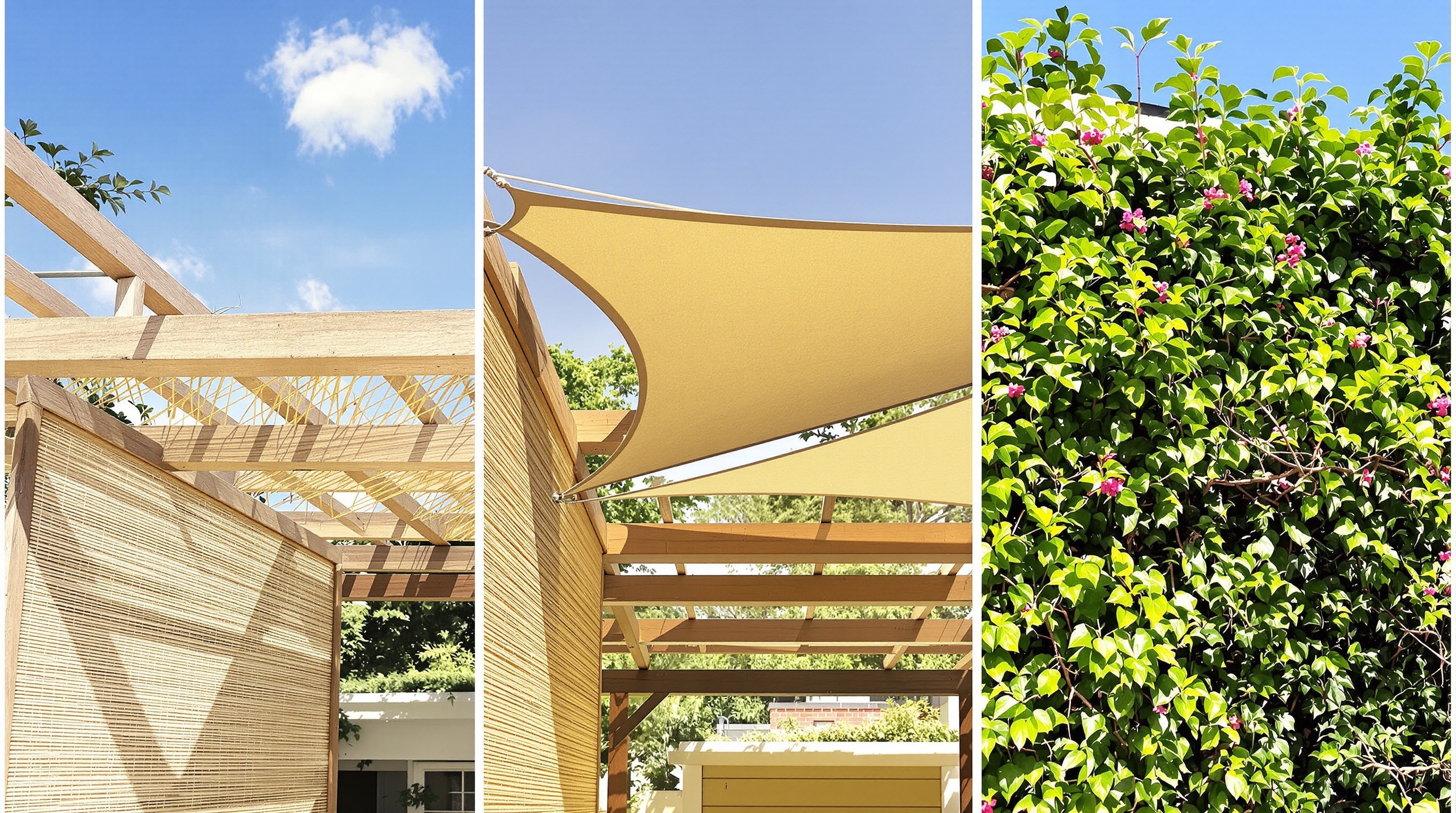 trois pergolas bois couvertures économiques : canisses naturelles, voiles d'ombrage triangulaires, toiture végétale plantes grimpantes