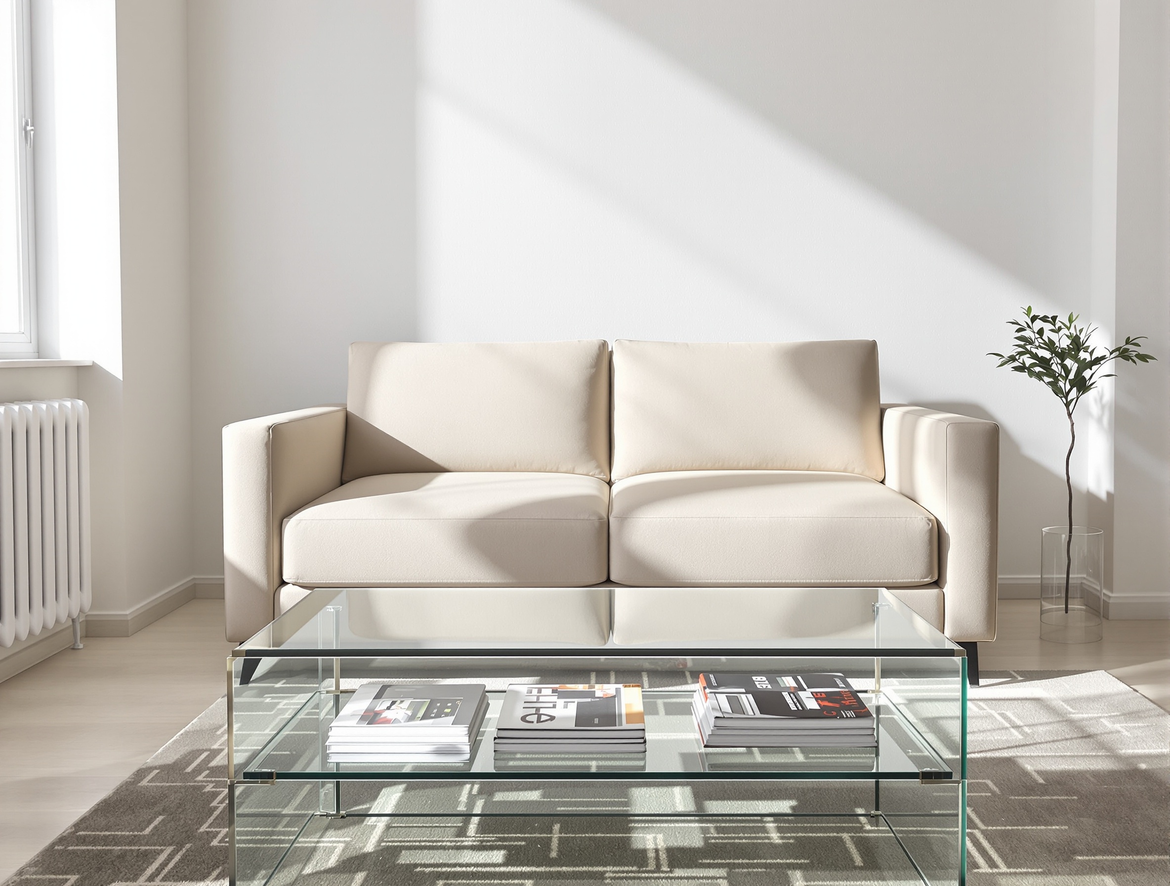 petit salon table basse verre transparent magazines tapis apparents