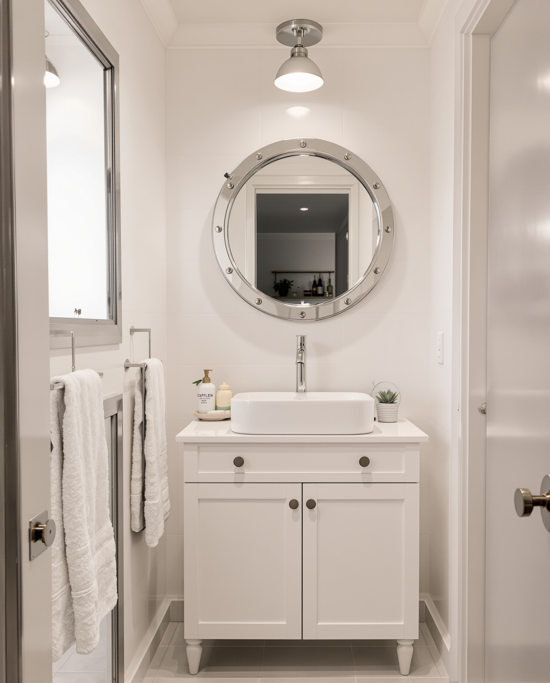 Armoire de toilette avec miroir hublot dans une petite salle de bain lumineuse
