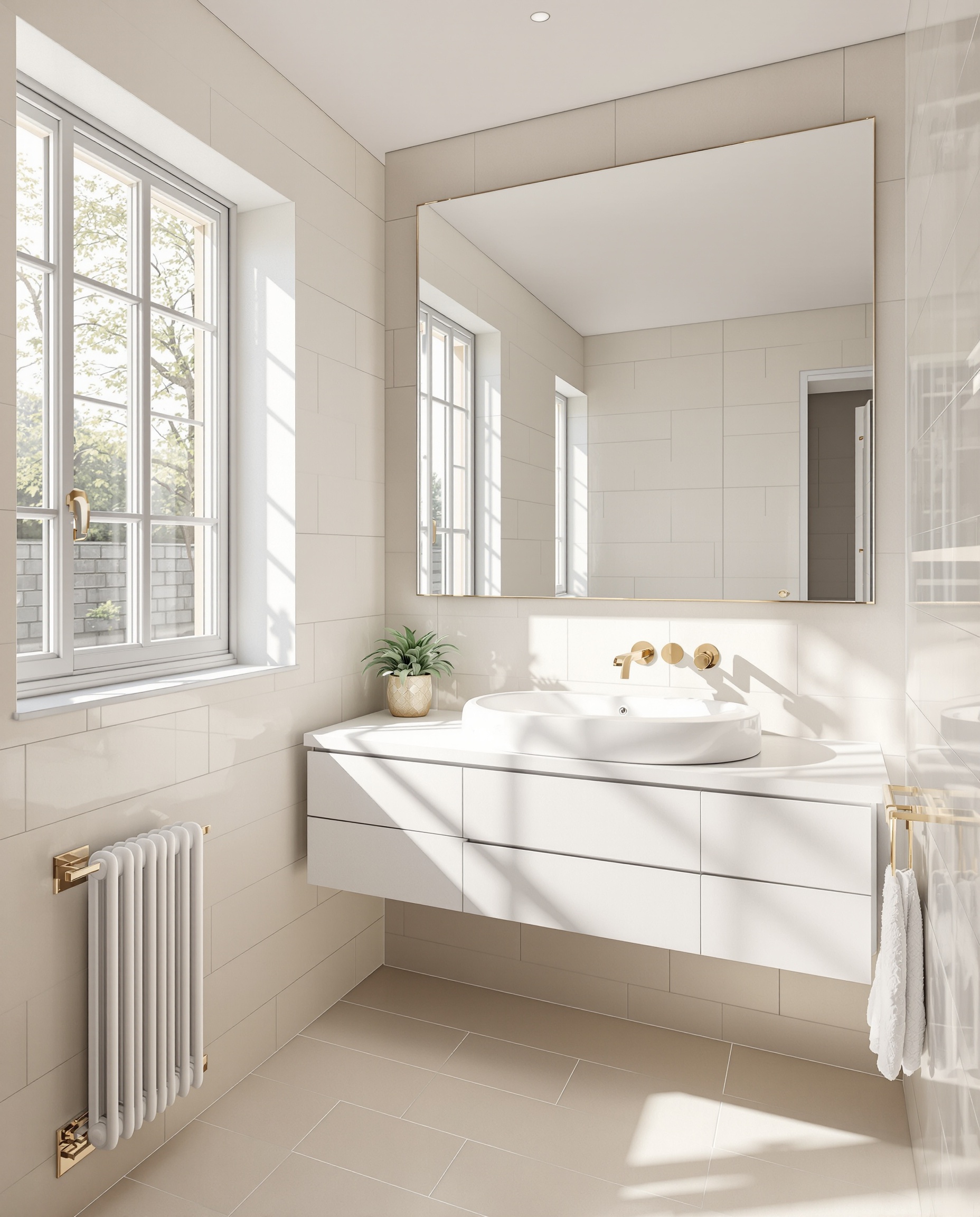 Salle de bain contemporaine avec grand miroir mural