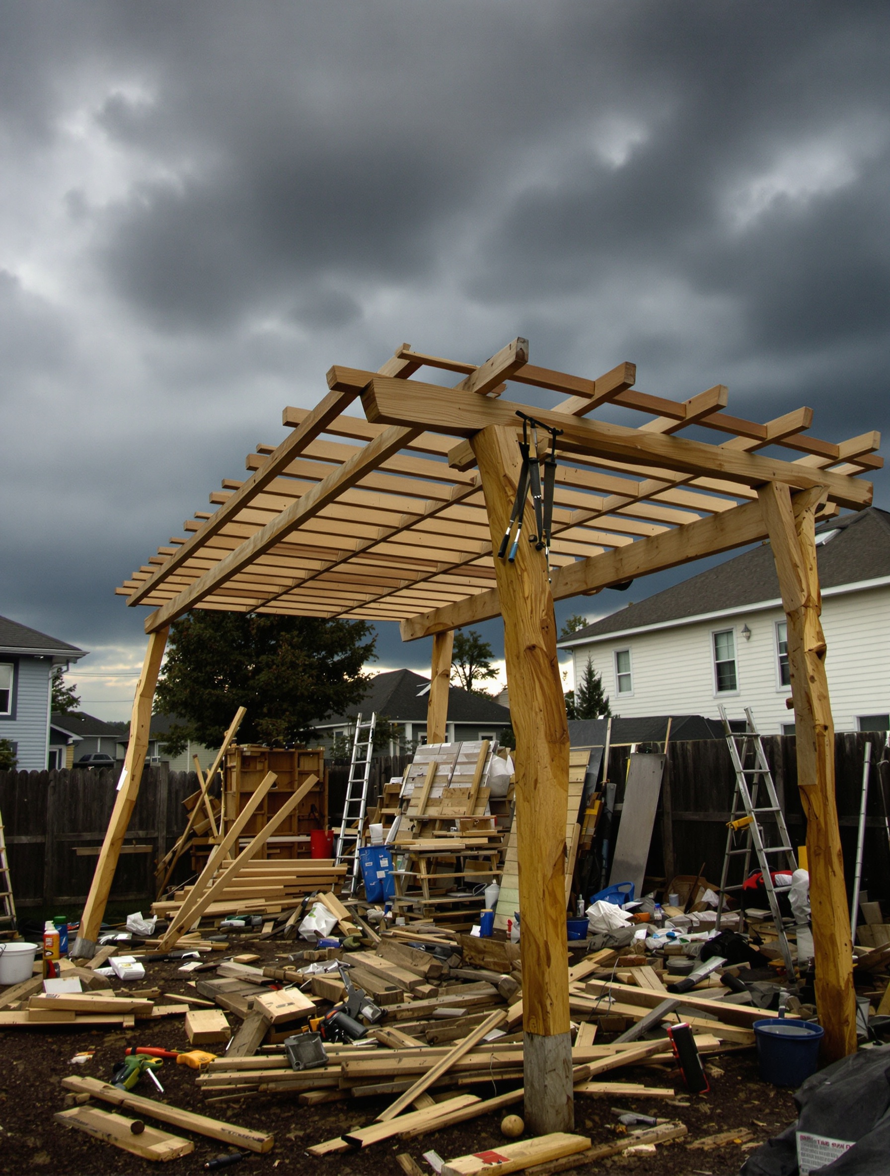 photo insolite d'une pergola en bois inachevée, bancale, avec des outils éparpillés partout et un ciel menaçant