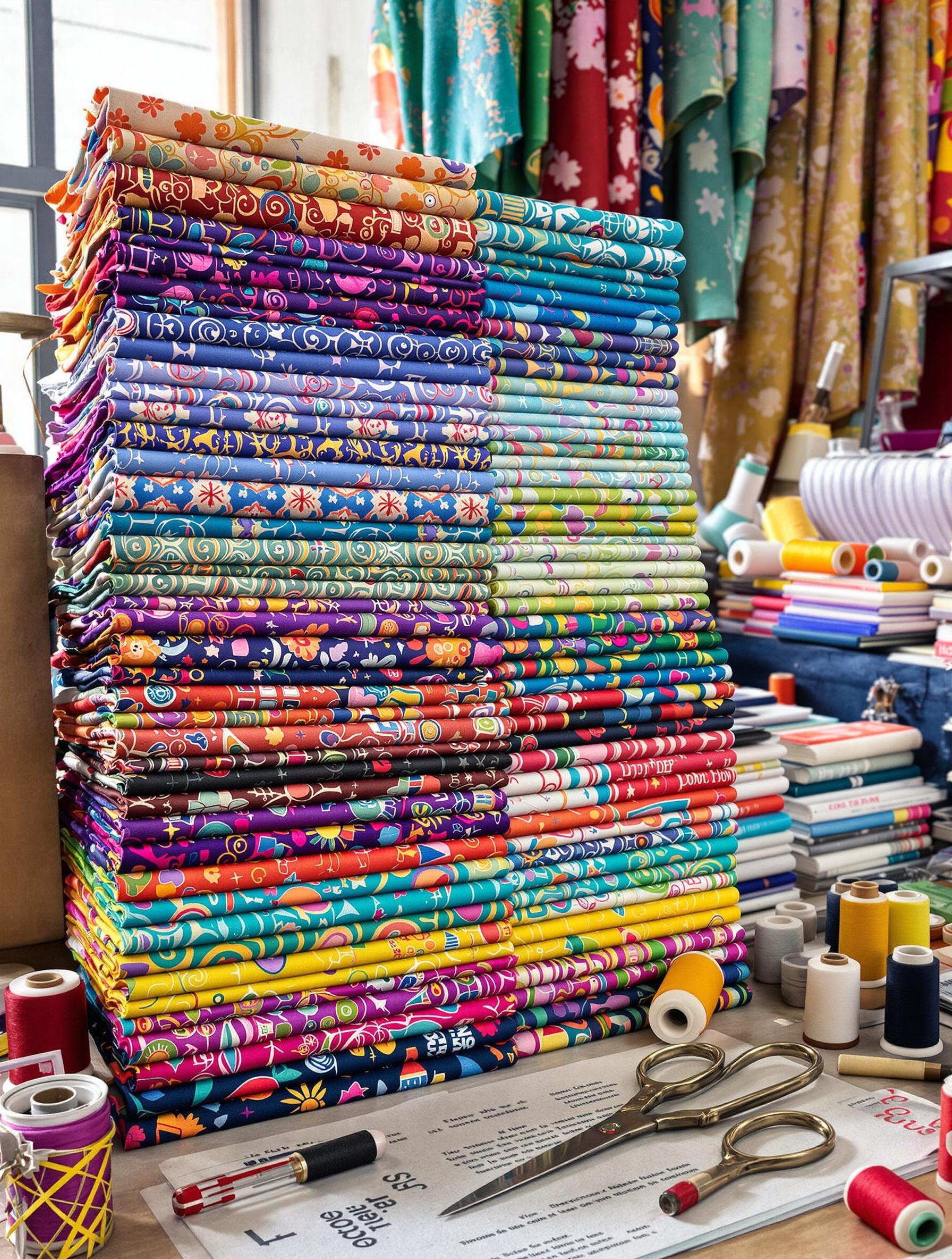 Pile de coupons batik Bali, fat quarters et jelly rolls dans une ambiance atelier textile artisanal