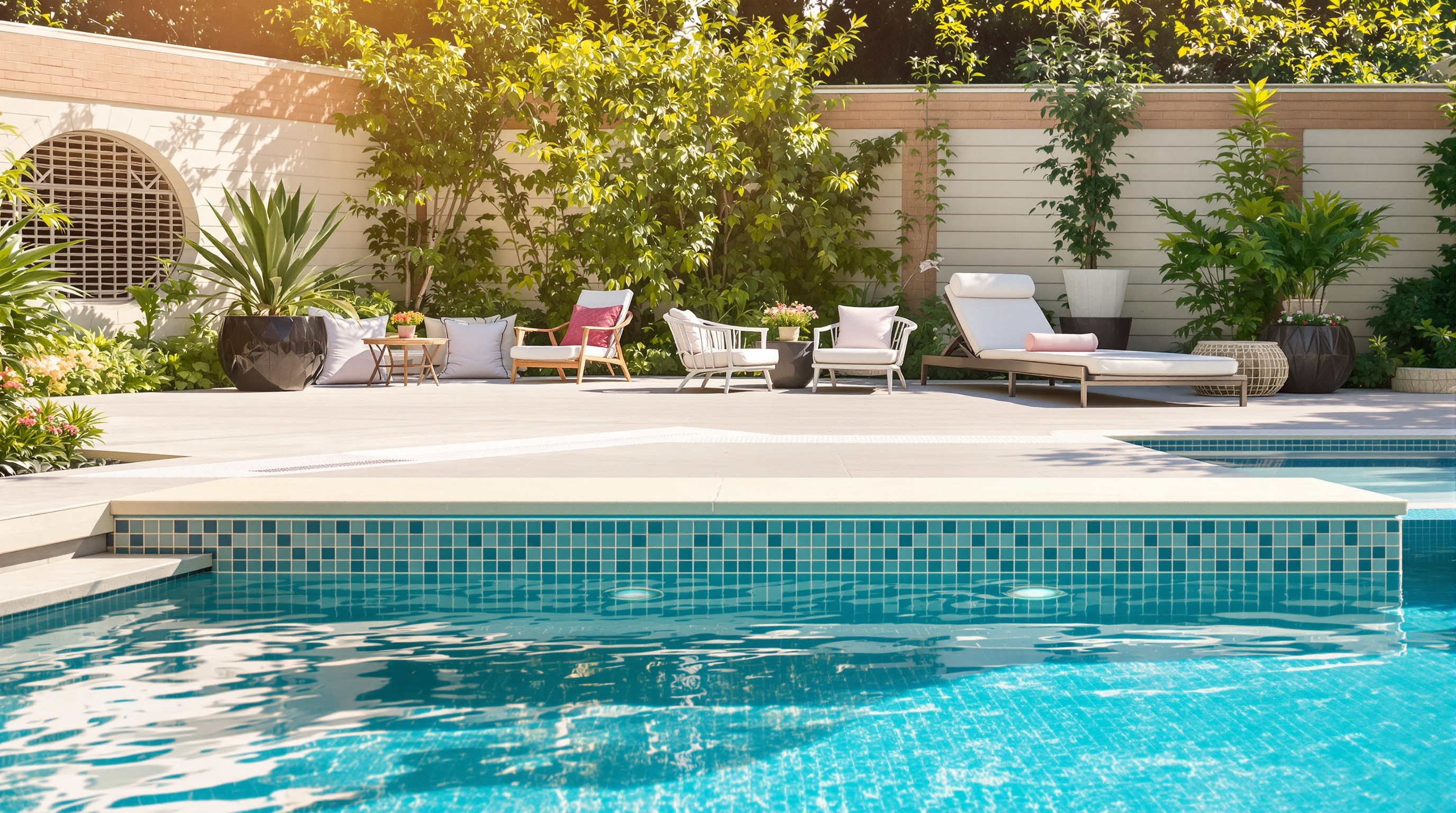 Transformation réussie d'une piscine ancienne avec banquette immergée et nouveau revêtement.