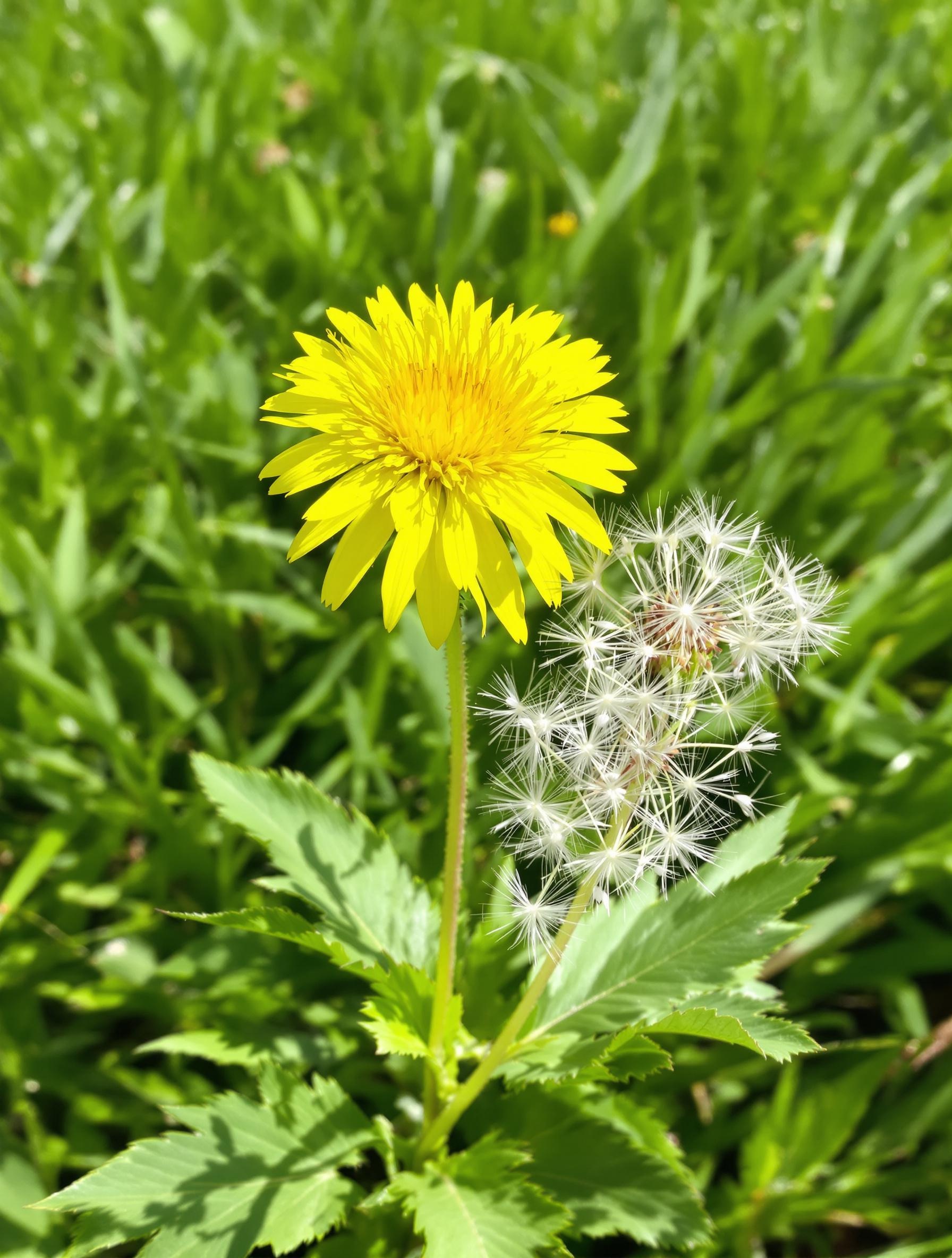Photo du Pissenlit (Taraxacum officinale) en fleur et à maturité avec ses aigrettes.