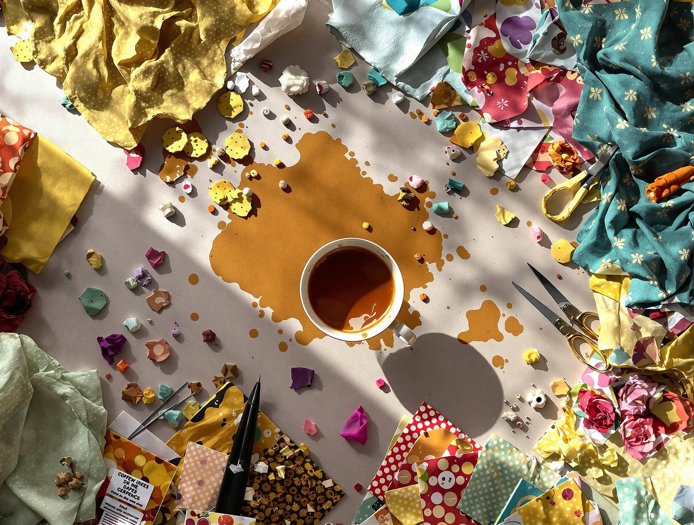 Plan de travail de couture avec patchwork en cercles jaunes, tasse de café renversée, ciseaux et tissus éparpillés.