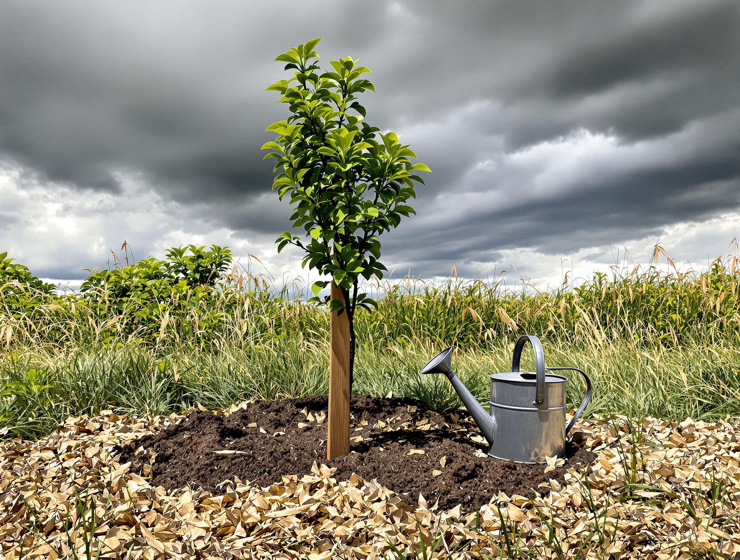 Plantation d’un abricotier avec paillage, compost, tuteur et arrosoir sous un ciel nuageux