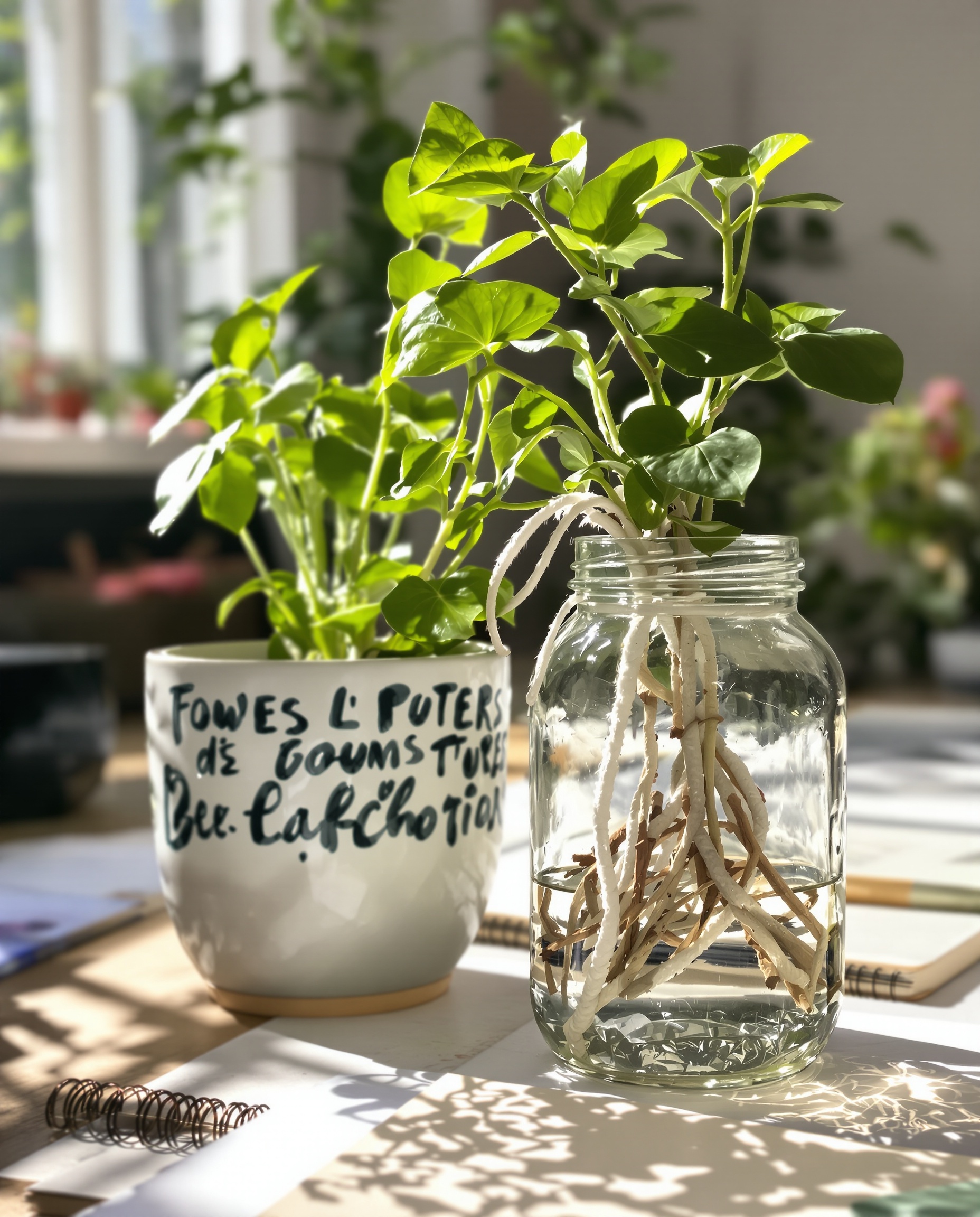 Plante verte luxuriante à côté d’un bocal en verre stylisé servant d’arrosage automatique