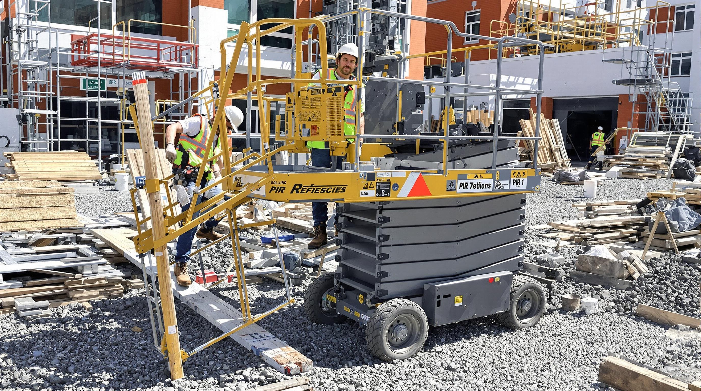 Plateforme Individuelle Roulante (PIR) robuste utilisée sur un chantier extérieur avec matériaux et ouvrier équipé pour travaux en hauteur.