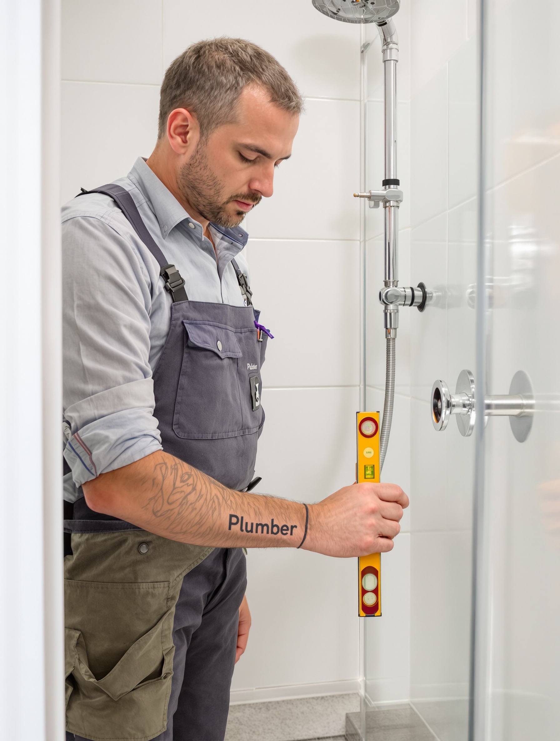 Plombier vérifiant la pente d'une douche avec un niveau à bulle, dans une salle de bain moderne.