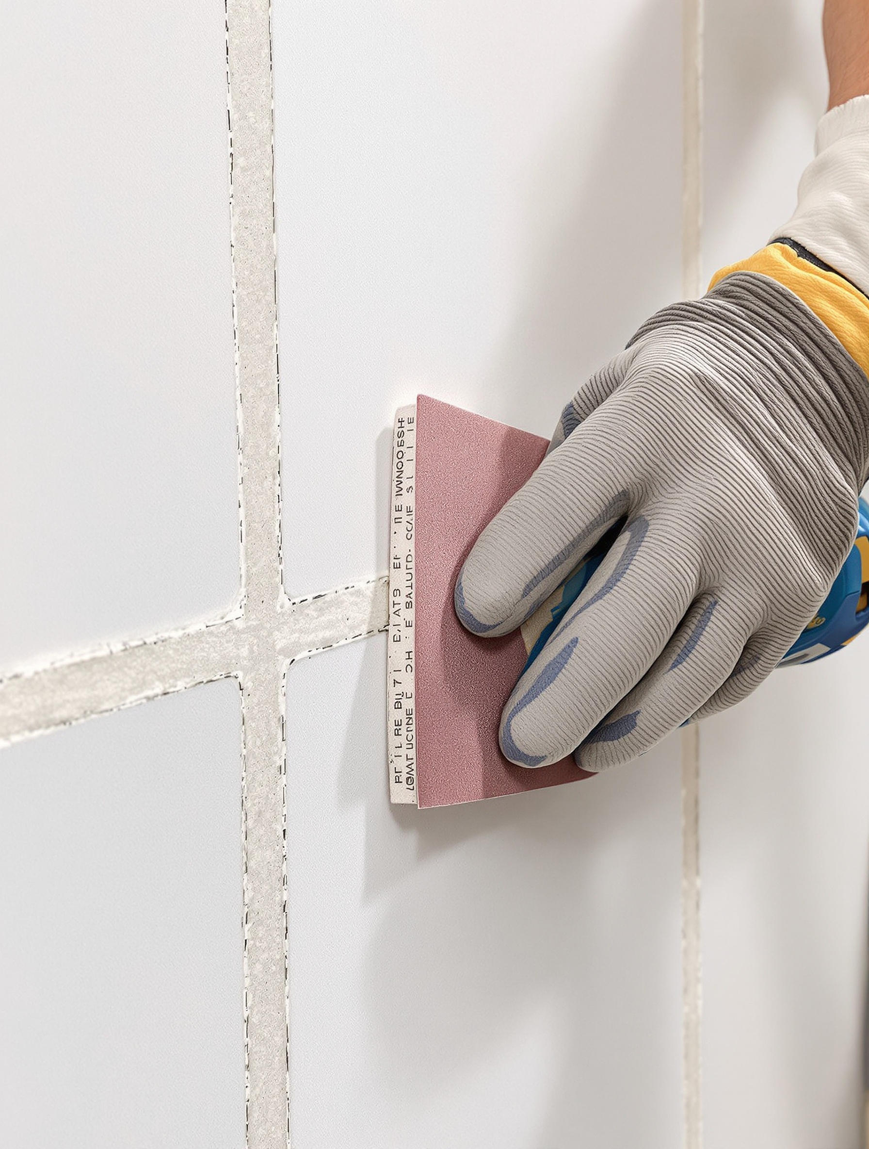 Ponçage minutieux d'une bande à joint sur une plaque de plâtre avec un papier abrasif adapté, poussière contrôlée, équipement de protection (masque), détail des mains expertes.