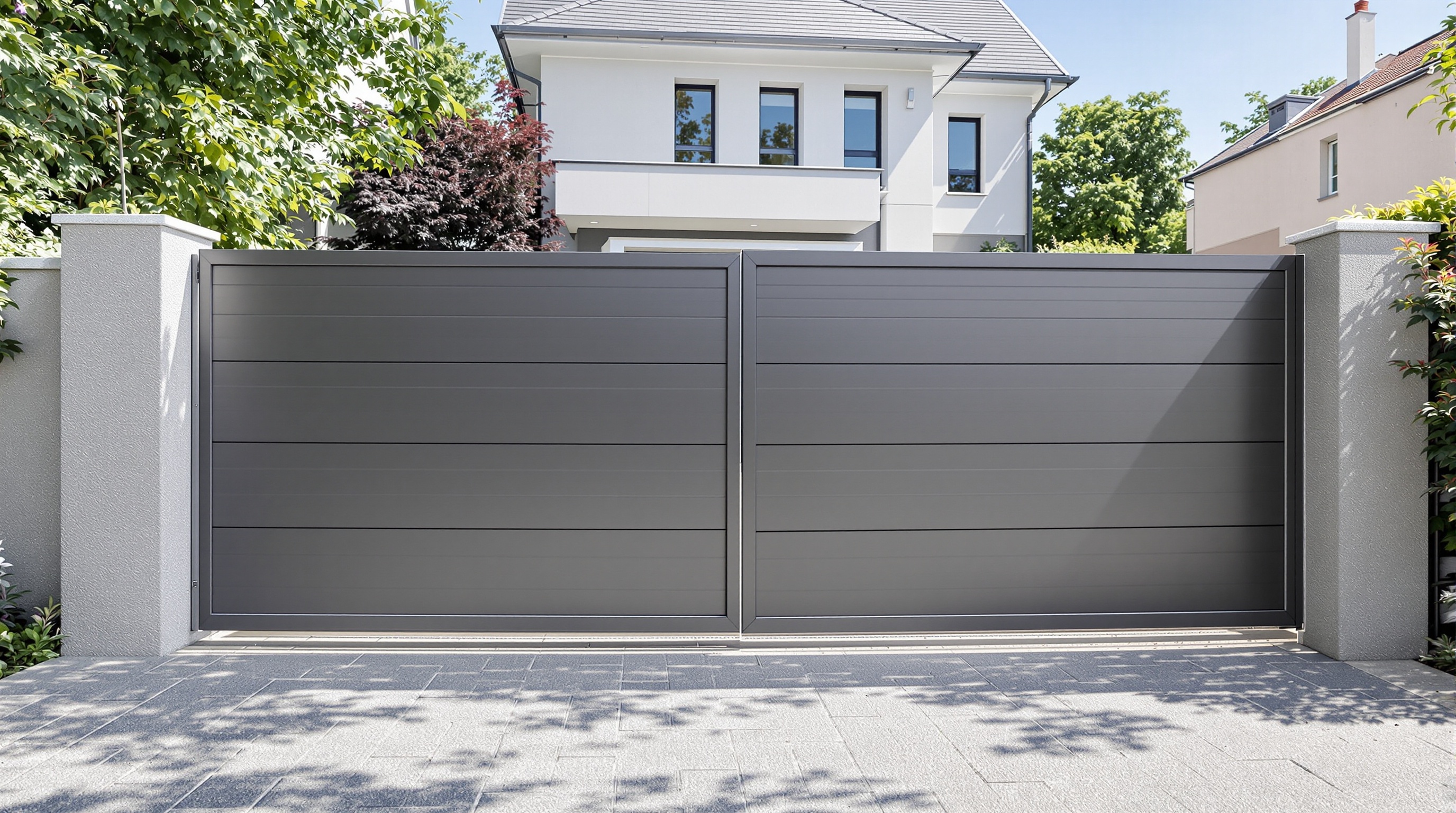 Portail aluminium battant gris anthracite ouvert illustrant l'espace de débattement nécessaire.