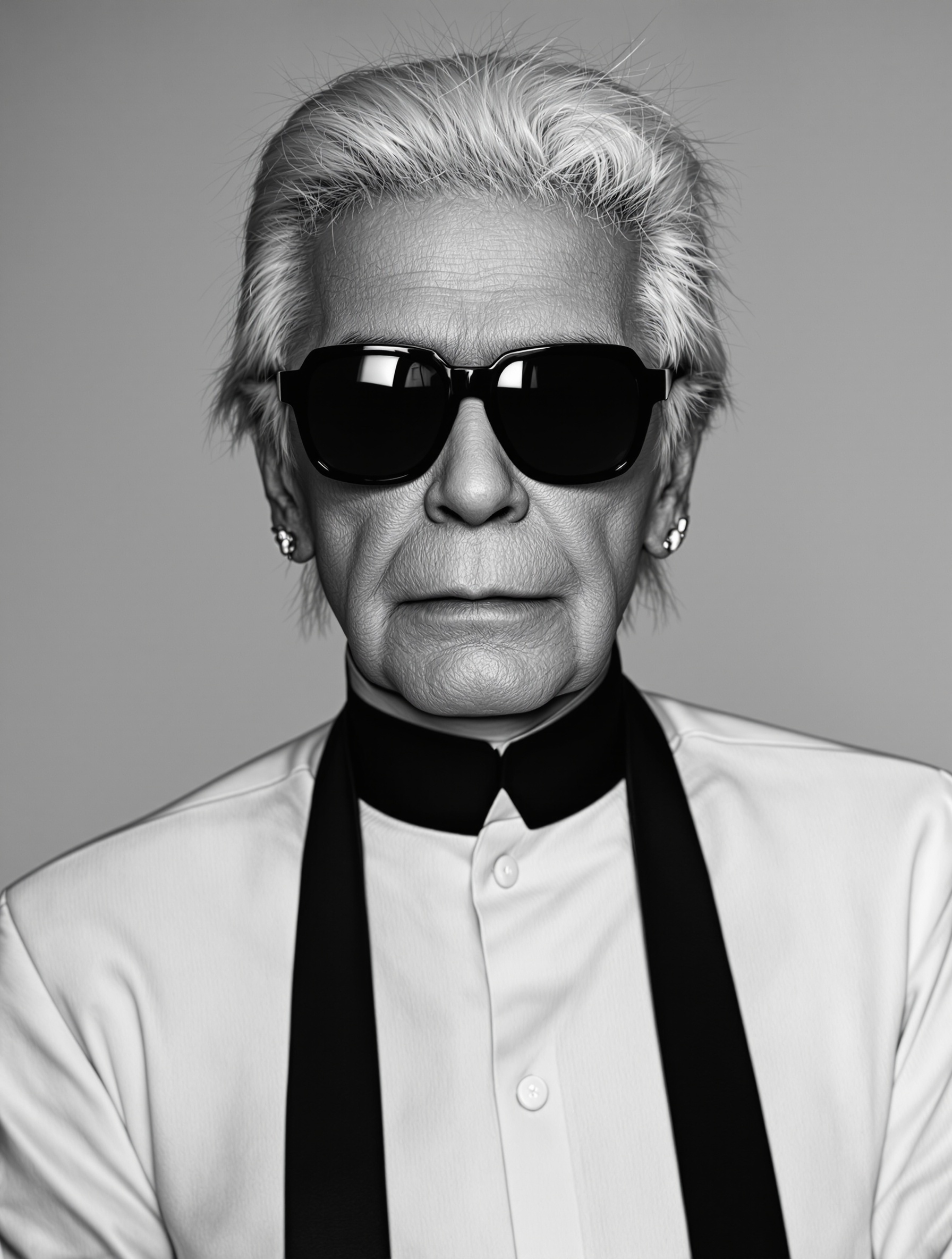 Portrait noir et blanc de Karl Lagerfeld regardant l'objectif