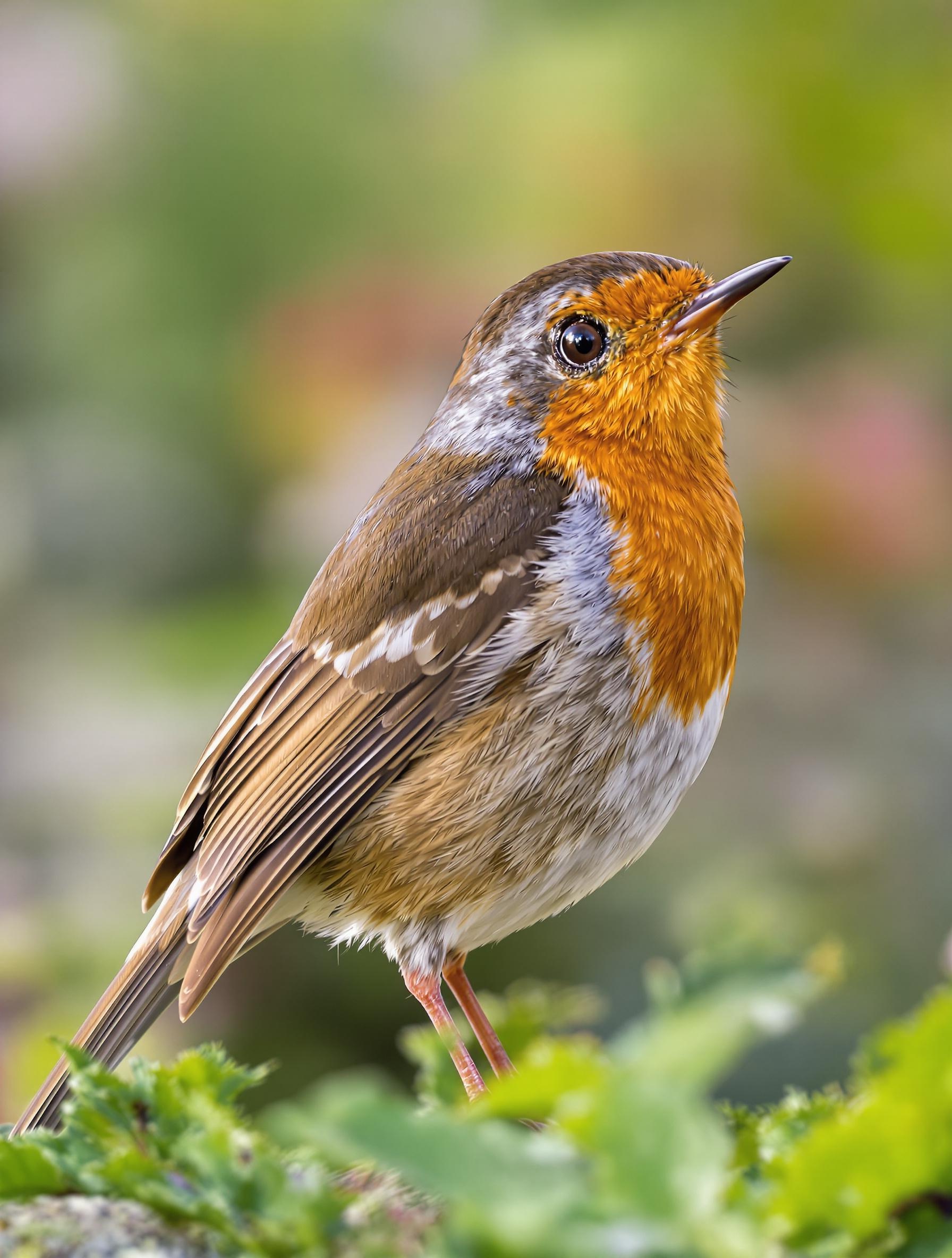 Portrait naturaliste d’un rouge-gorge familier : détails des plumes, œil vif, pose fière, fond de jardin européen.