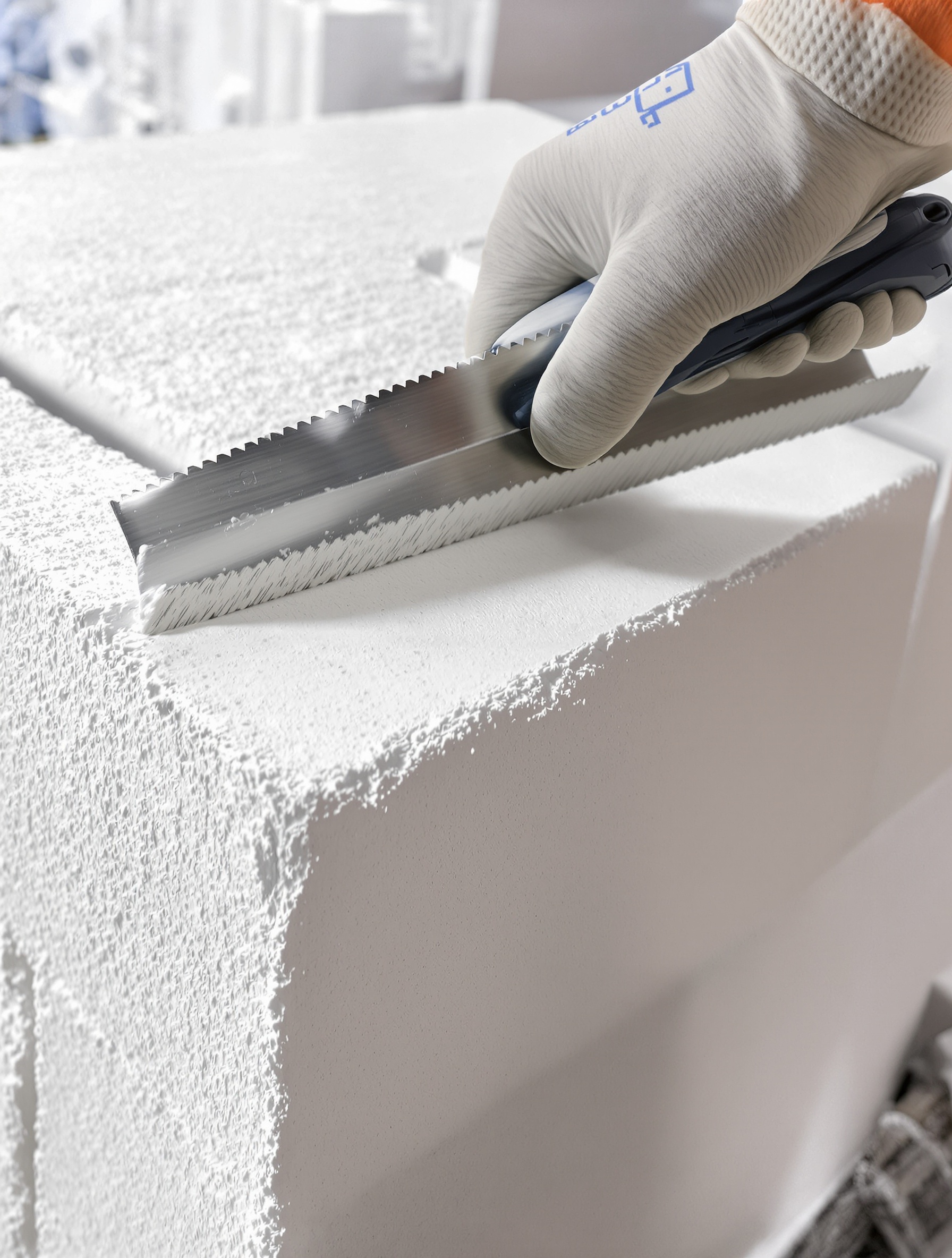 pose propre d’un bloc béton cellulaire avec fine couche de colle spéciale