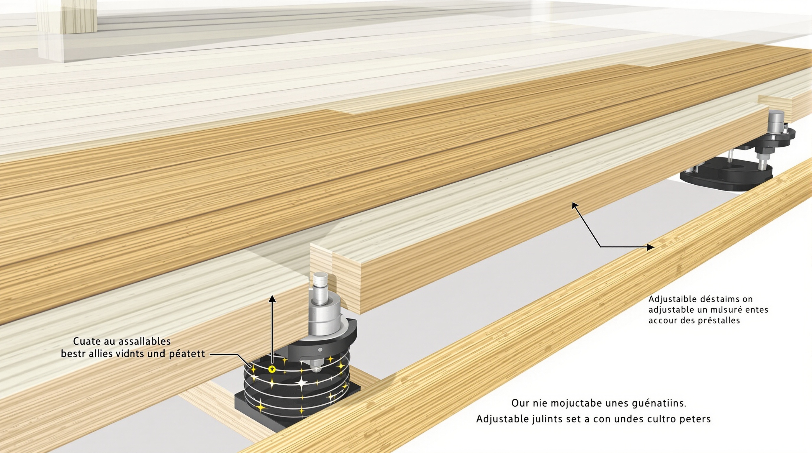 Illustration montrant la pose de lames de terrasse sur une structure de lambourdes fixées sur des plots réglables, avec un focus sur l'alignement et l'espacement.