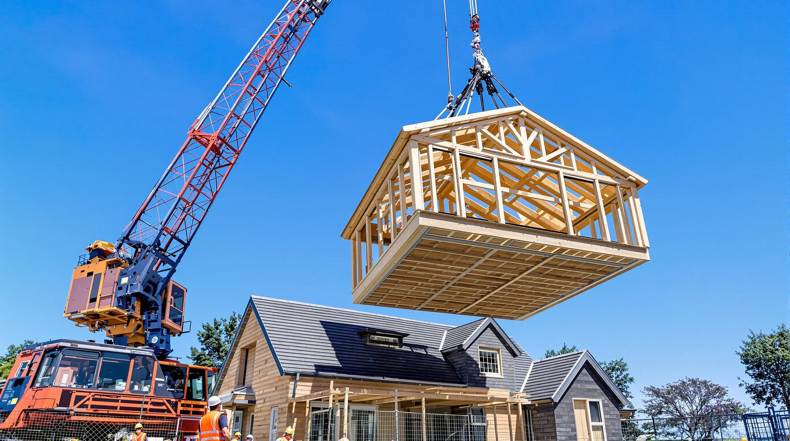 Pose d'un module préfabriqué à l'aide d'une grue, avec une équipe sur le chantier