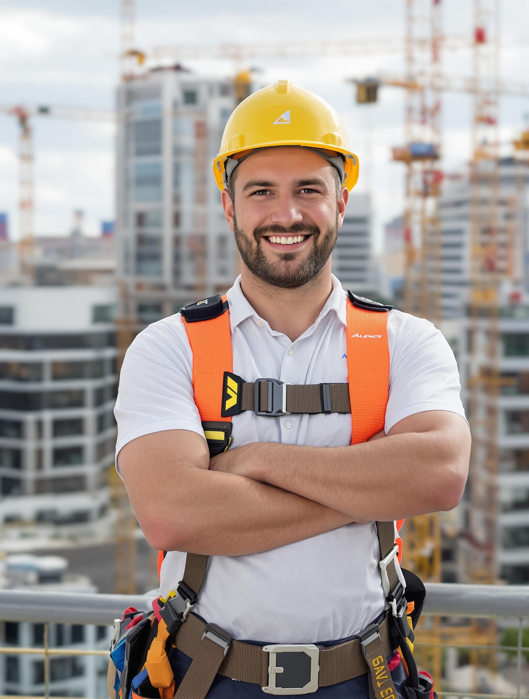 Poseur professionnel avec harnais de sécurité, bras croisés, sur un chantier urbain