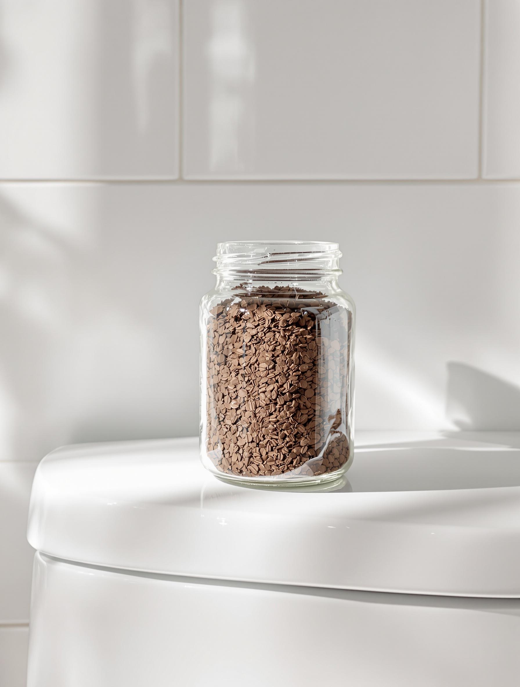Pot de marc de café posé sur une chasse d’eau, ambiance salle de bain épurée.