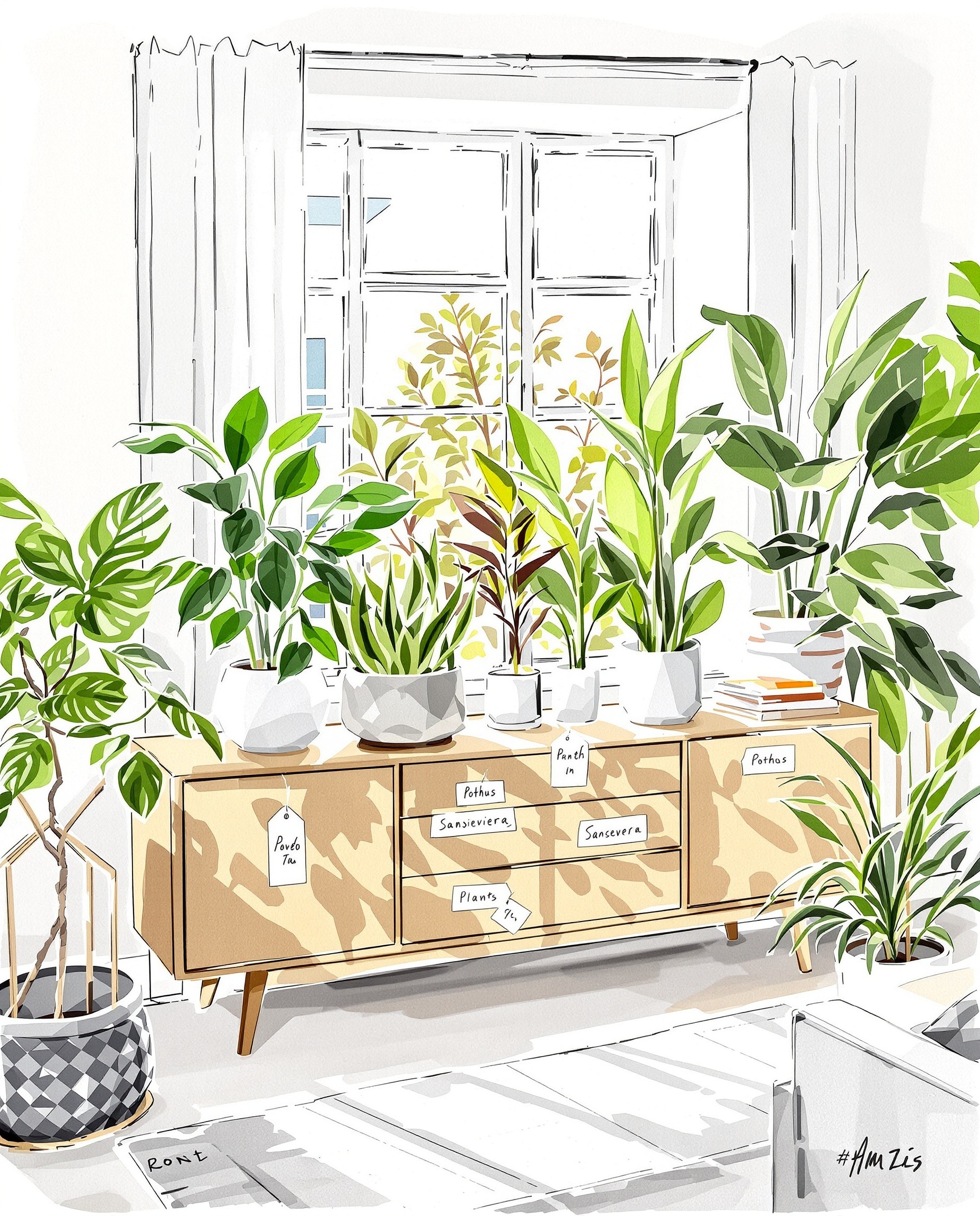 Pothos et Sansevière dans un intérieur moderne et lumineux