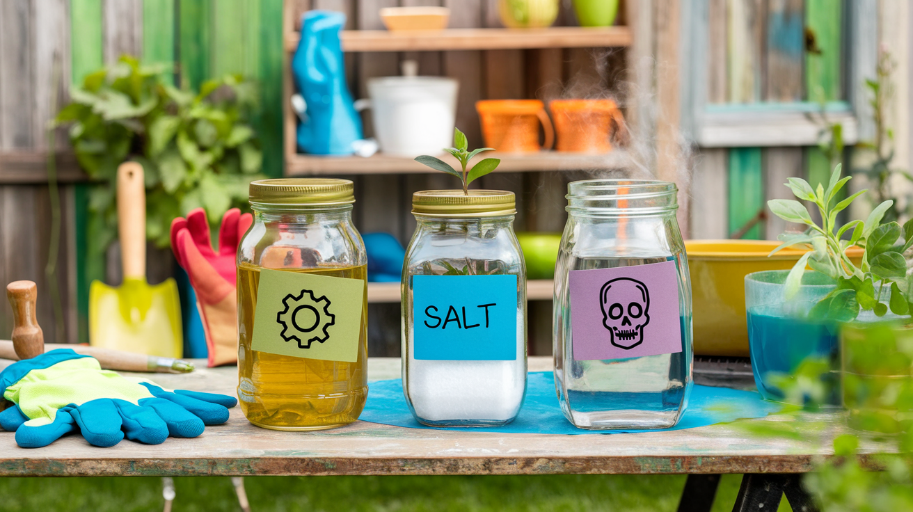 Comparaison des désherbants naturels maison : vinaigre, sel, eau bouillante