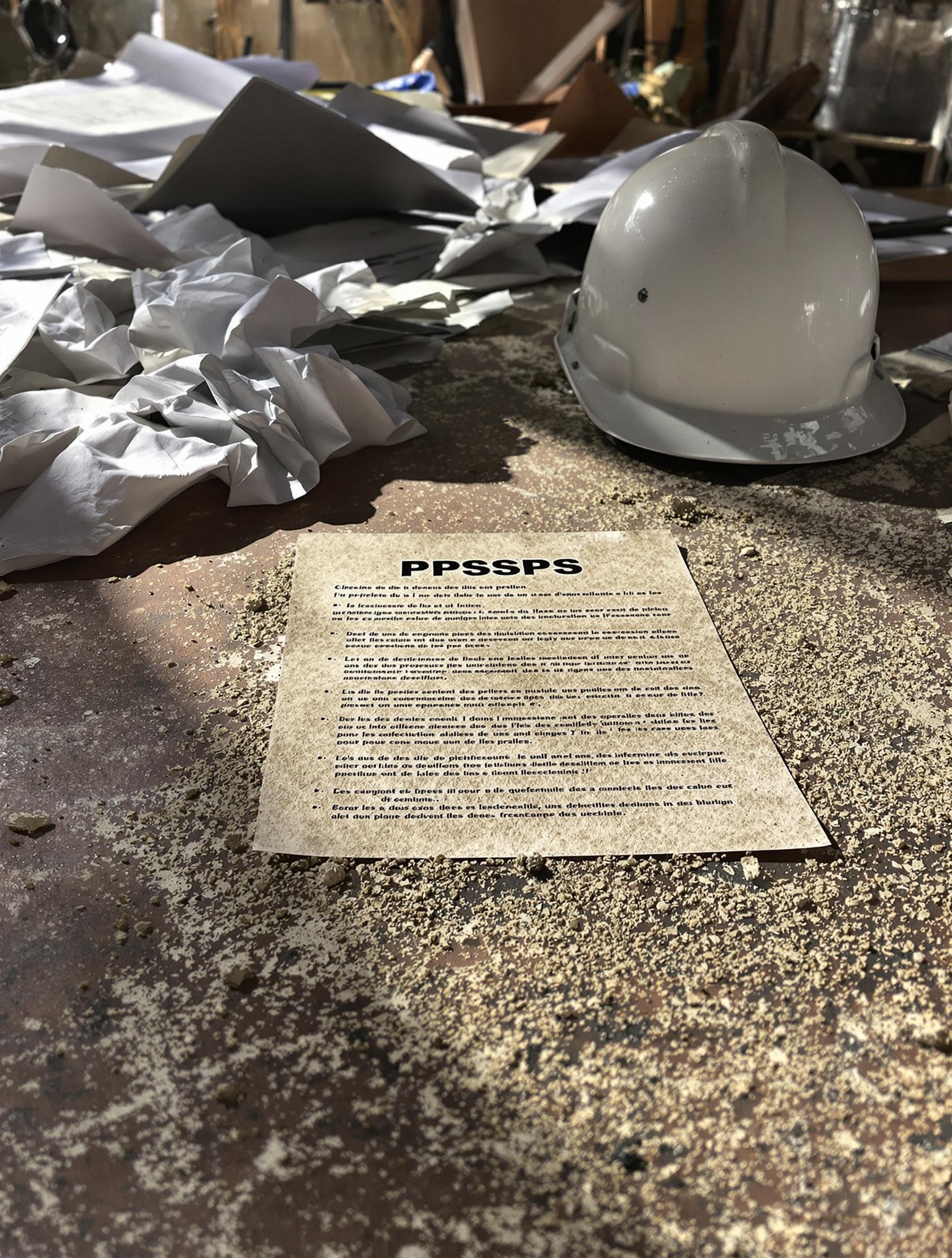 PPSPS négligé abandonné sur table chantier poussiéreuse casque plans
