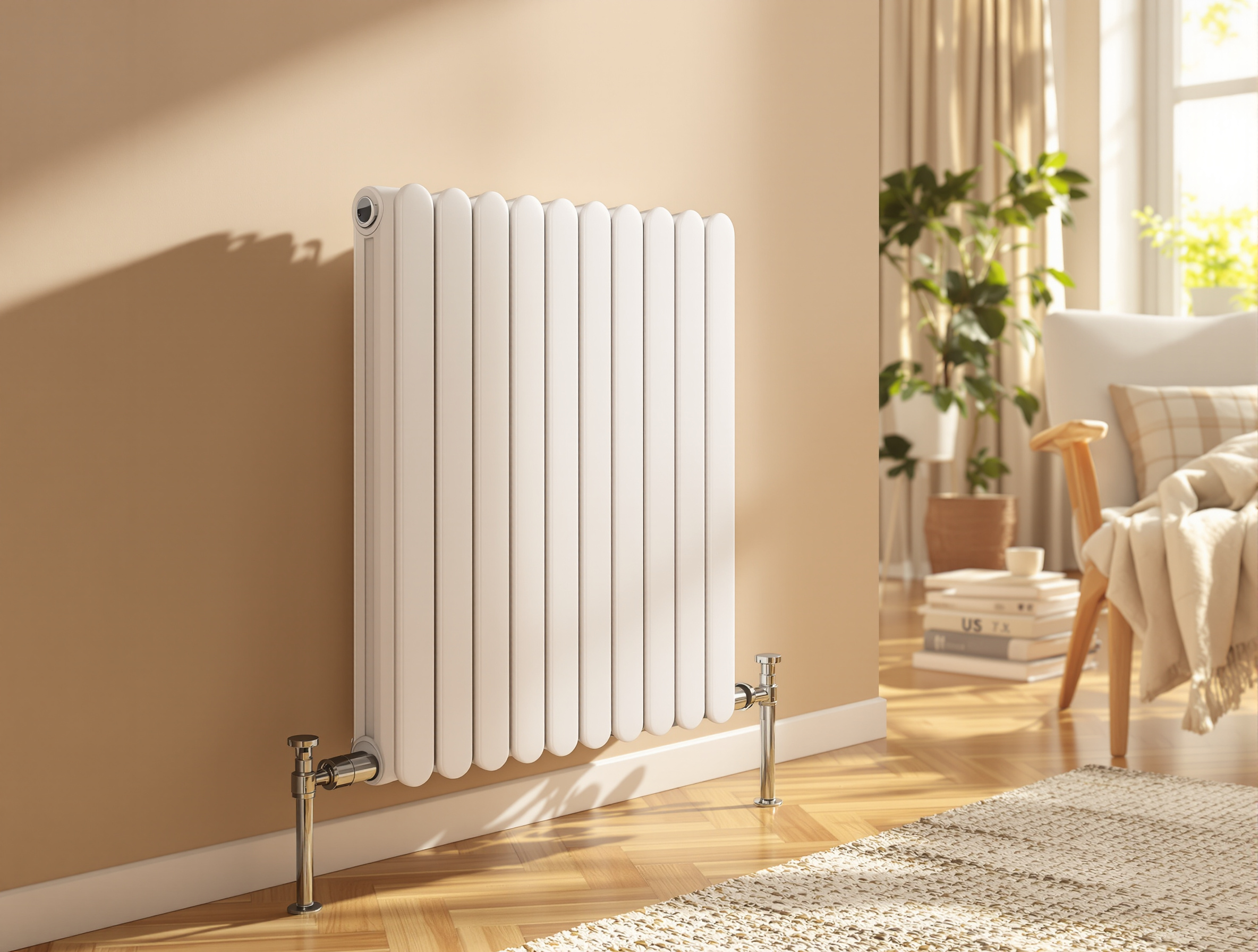 Radiateur bain d'huile moderne posé sur parquet dans bureau chaleureux