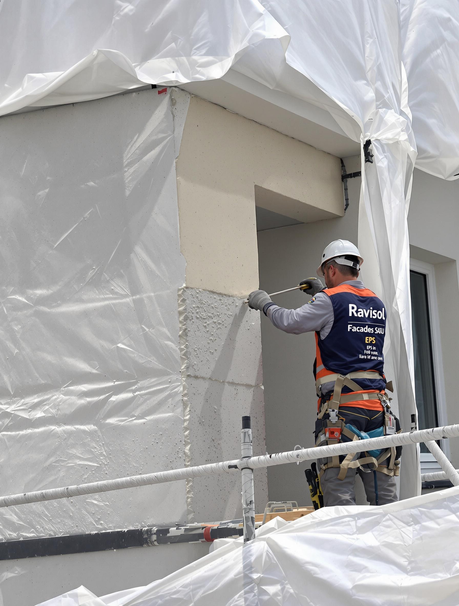 Pose des panneaux isolants PSE sur une maison parisienne : Jarente Frères en pleine phase d’armature, échafaudage et bâches au vent
