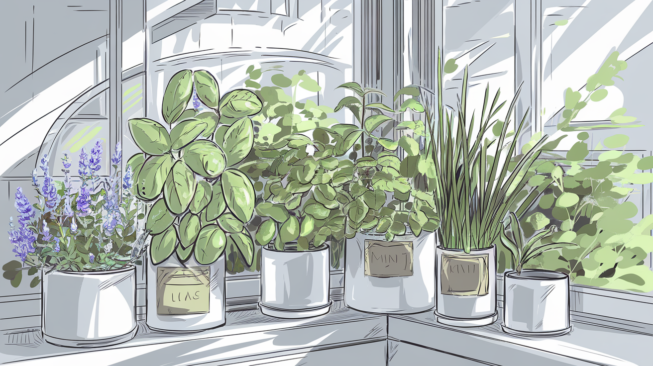 rebord de fenêtre avec lavande, basilic, menthe et citronnelle dans des pots décoratifs, ambiance carnet de croquis