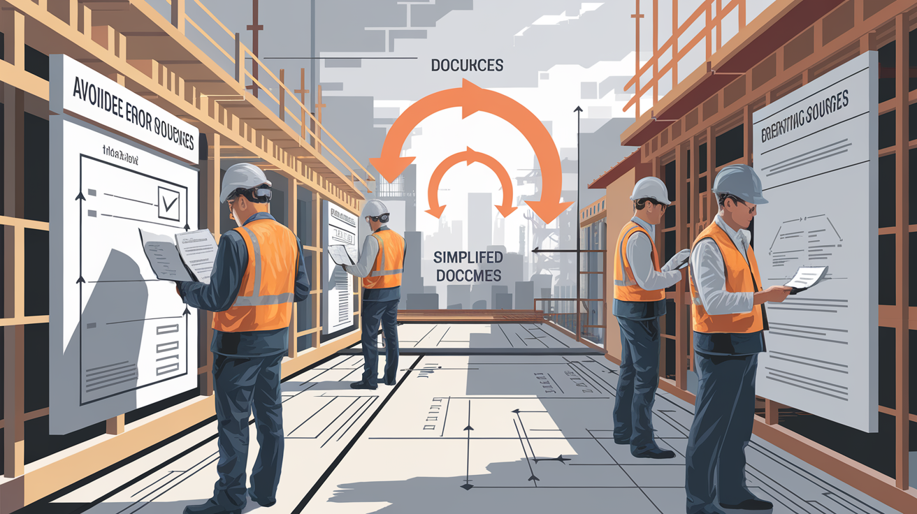 Illustration schématique montrant la réduction des erreurs grâce à un mode opératoire clair sur chantier BTP.