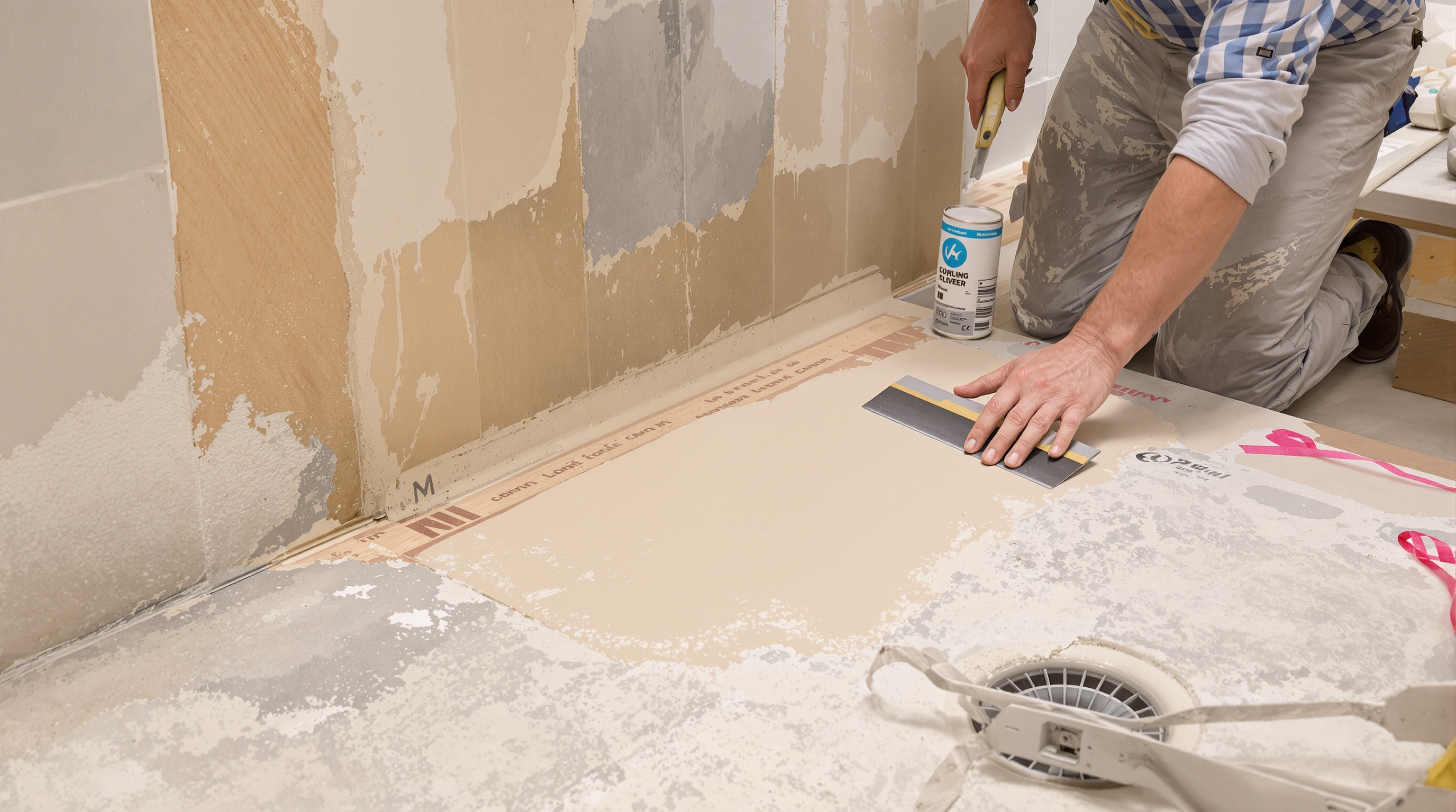 Artisan appliquant un enduit de ragréage autolissant pour corriger une pente de douche insuffisante, avec outils adaptés.